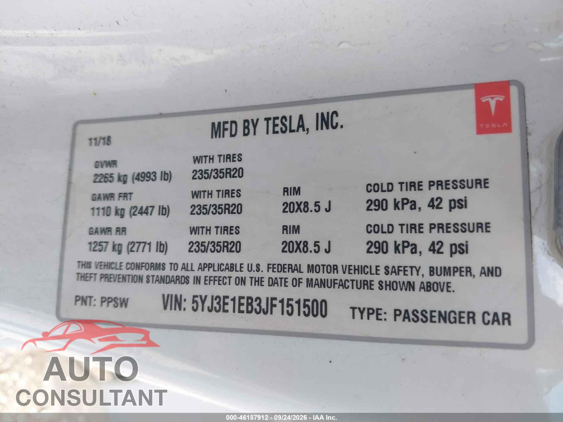 TESLA MODELO 3 2018 - 5YJ3E1EB3JF151500