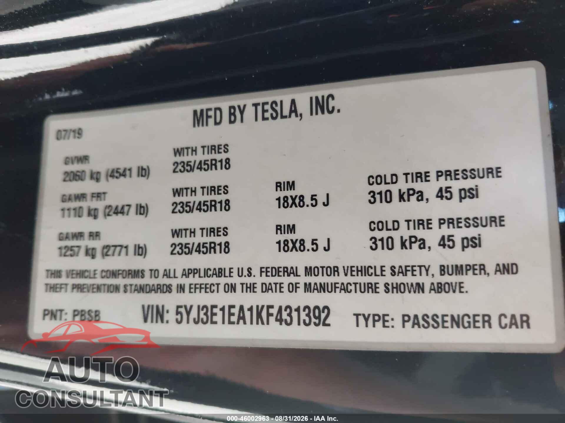 TESLA MODEL 3 2019 - 5YJ3E1EA1KF431392
