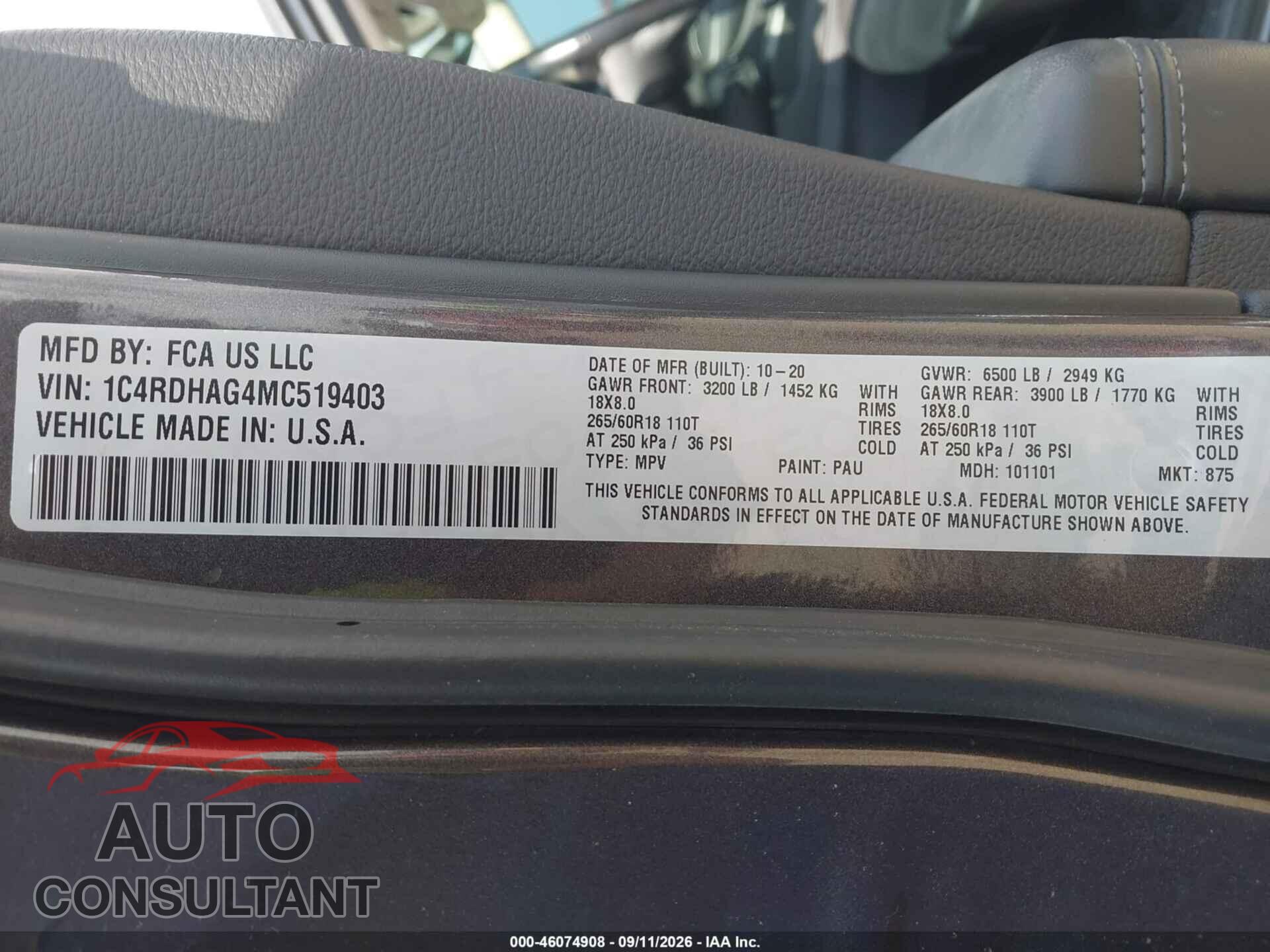 DODGE DURANGO 2021 - 1C4RDHAG4MC519403
