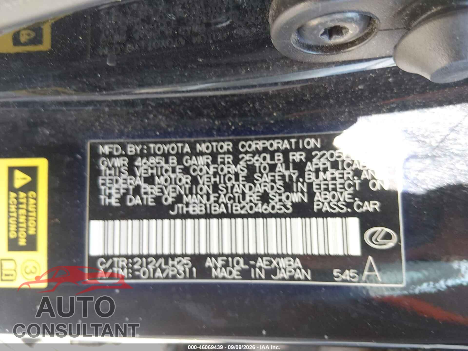 LEXUS HS 250H 2011 - JTHBB1BA1B2046053
