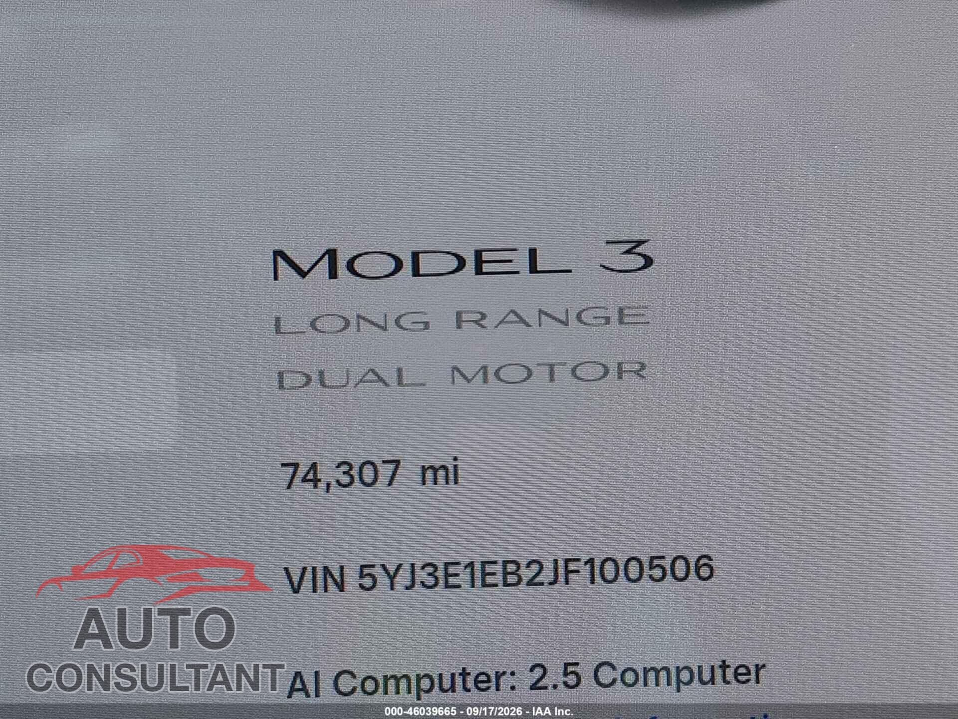 TESLA MODEL 3 2018 - 5YJ3E1EB2JF100506