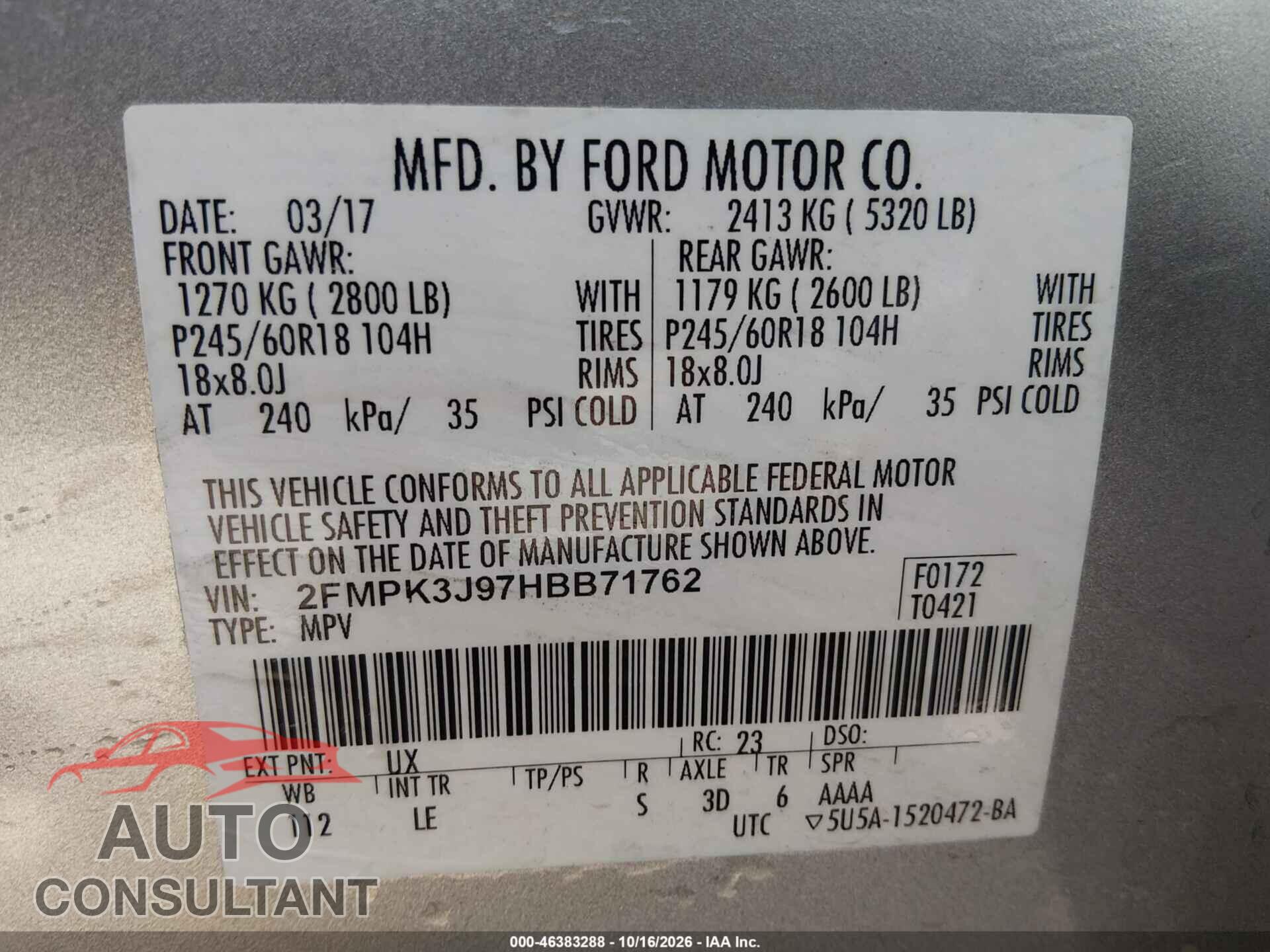 FORD EDGE 2017 - 2FMPK3J97HBB71762