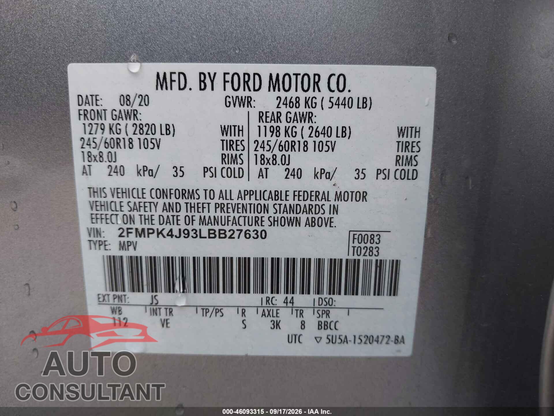 FORD EDGE 2020 - 2FMPK4J93LBB27630