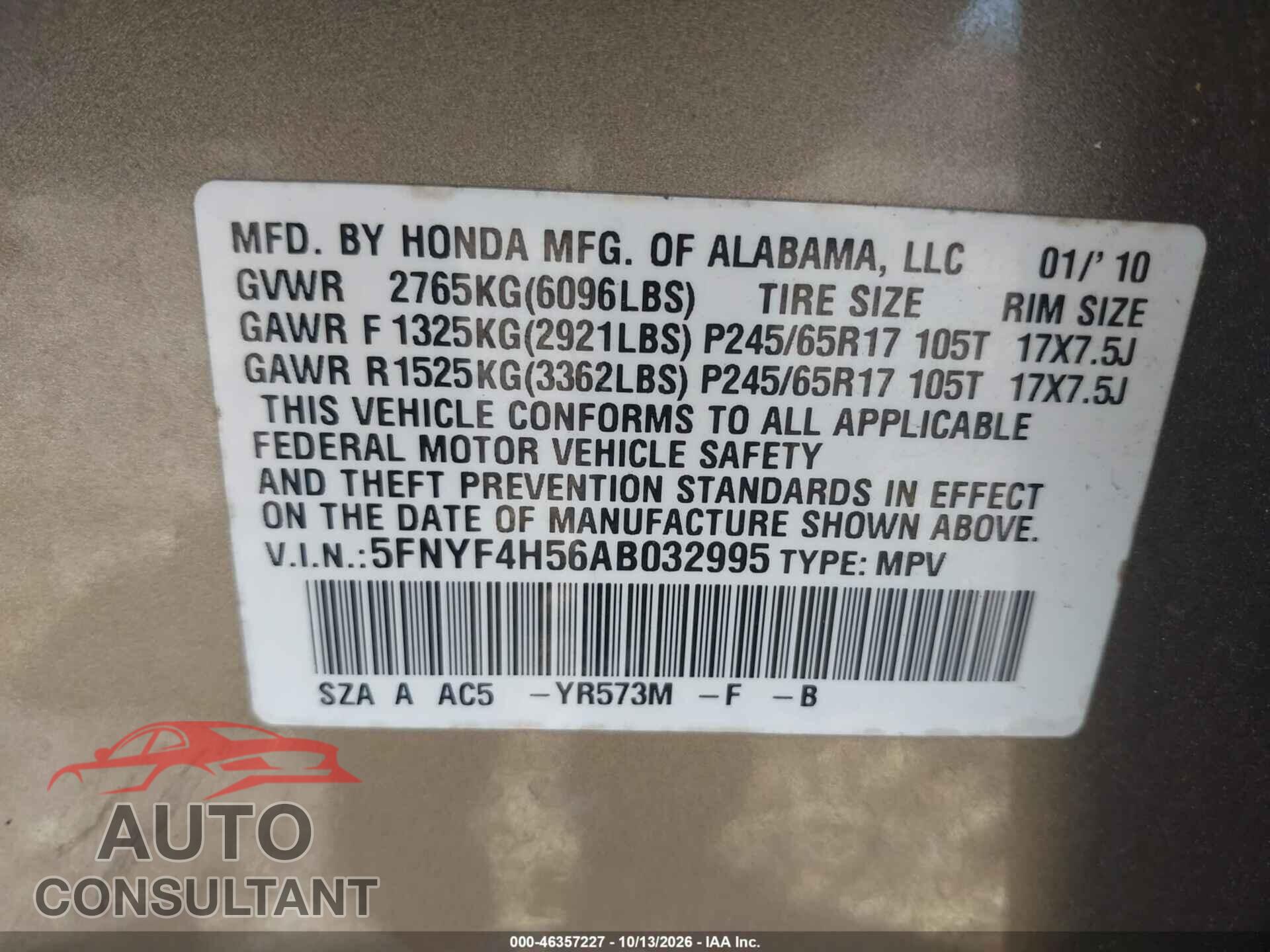 HONDA PILOT 2010 - 5FNYF4H56AB032995
