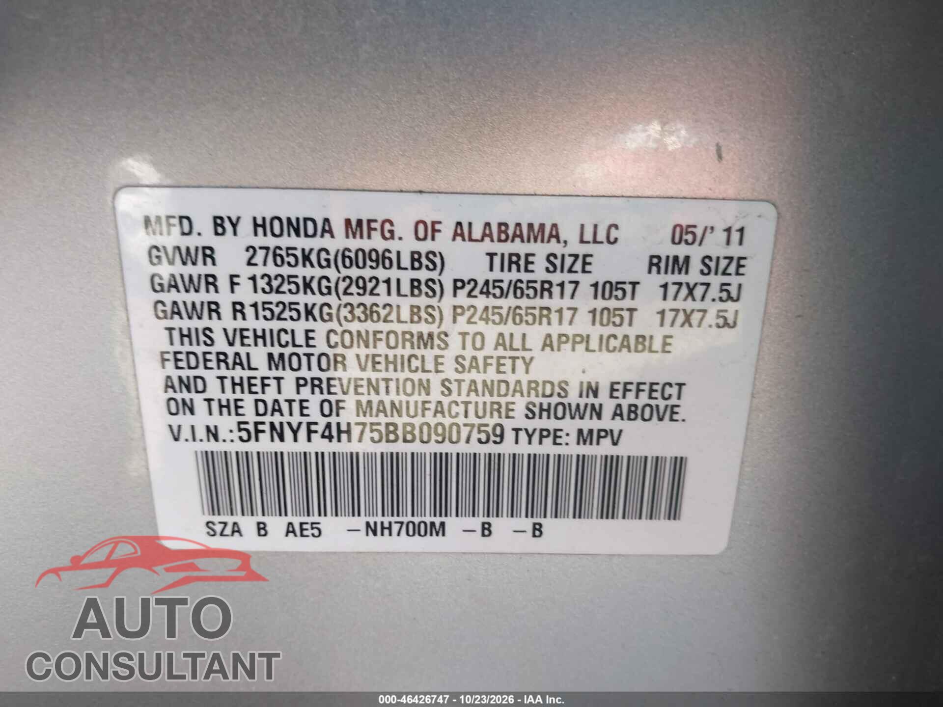 HONDA PILOT 2011 - 5FNYF4H75BB090759