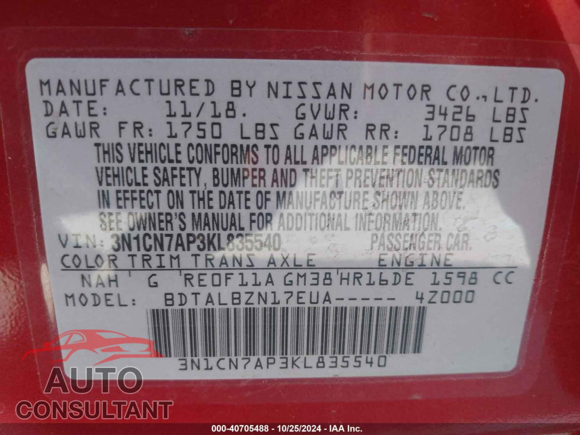 NISSAN VERSA 2019 - 3N1CN7AP3KL835540