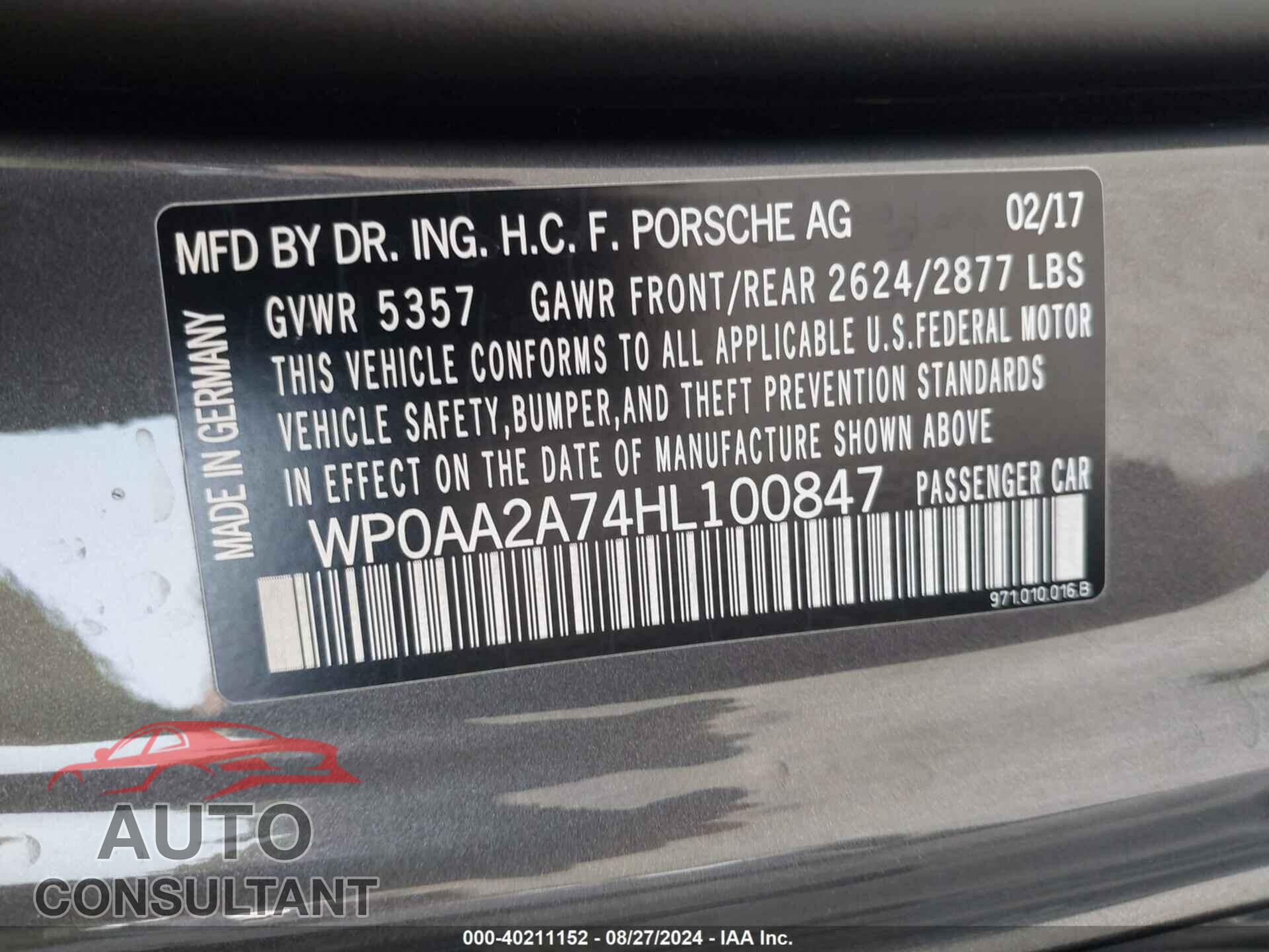 PORSCHE PANAMERA 2017 - WP0AA2A74HL100847