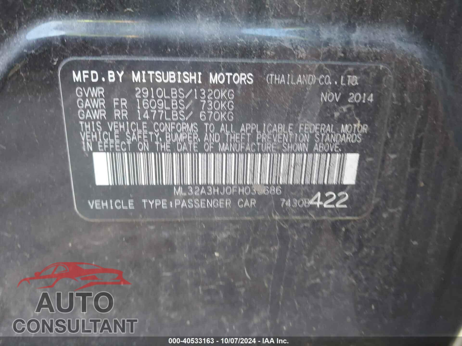 MITSUBISHI MIRAGE 2015 - ML32A3HJ0FH035686