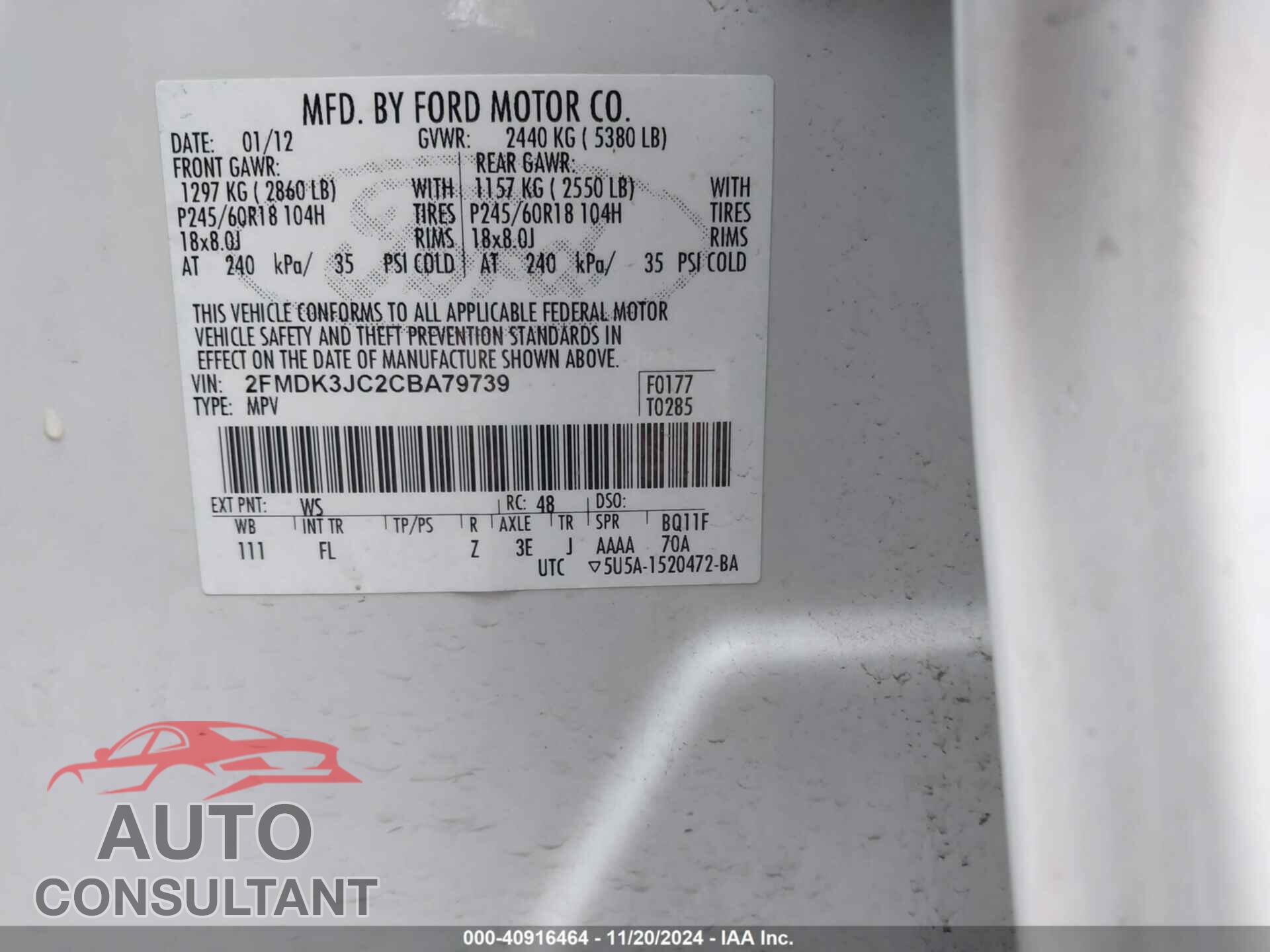 FORD EDGE 2012 - 2FMDK3JC2CBA79739
