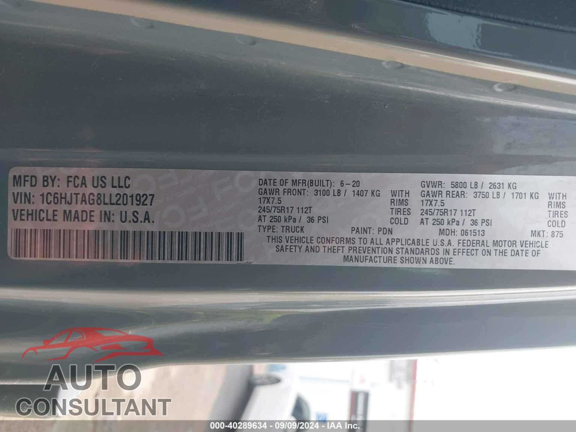 JEEP GLADIATOR 2020 - 1C6HJTAG8LL201927