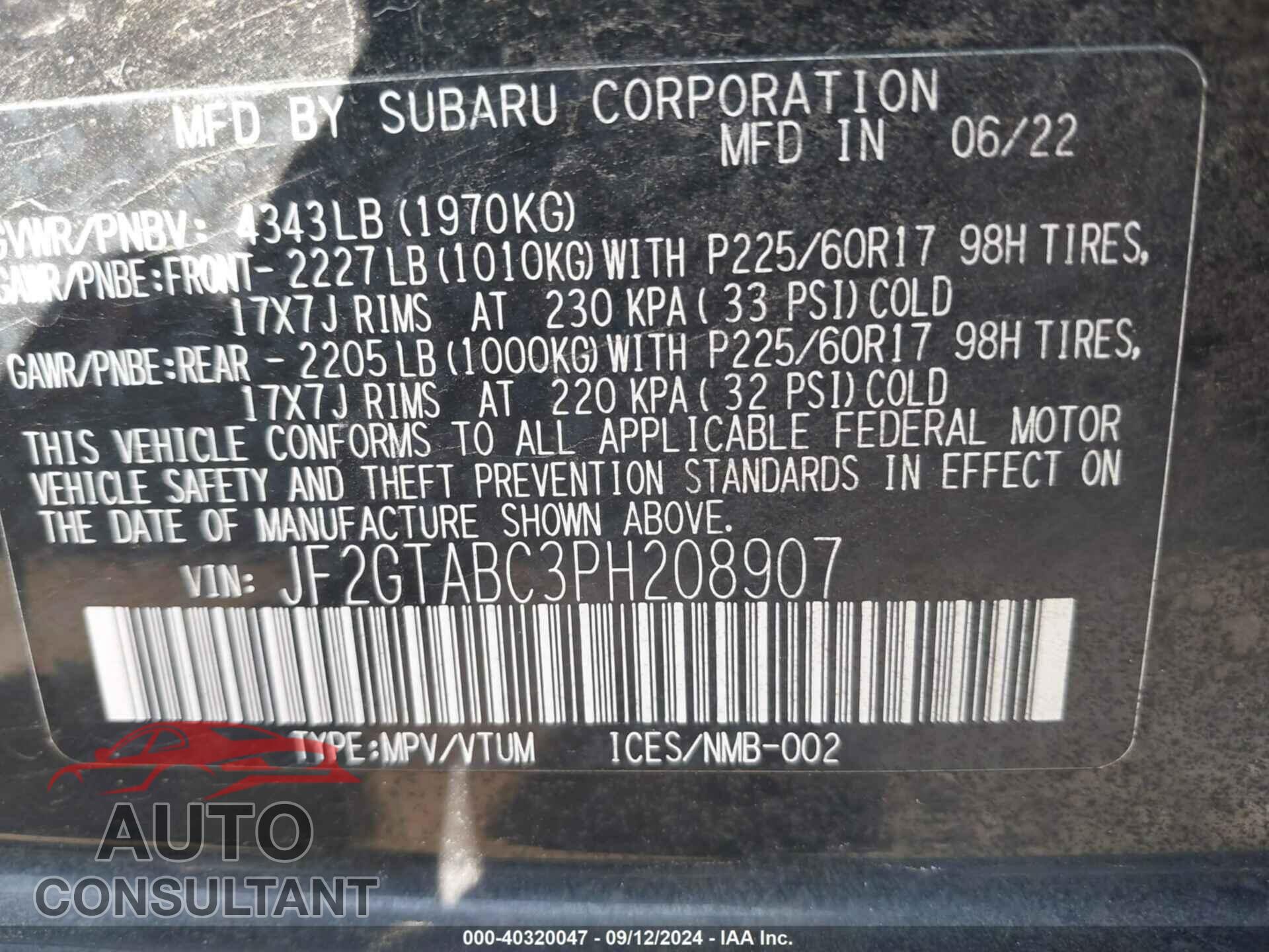 SUBARU CROSSTREK 2023 - JF2GTABC3PH208907