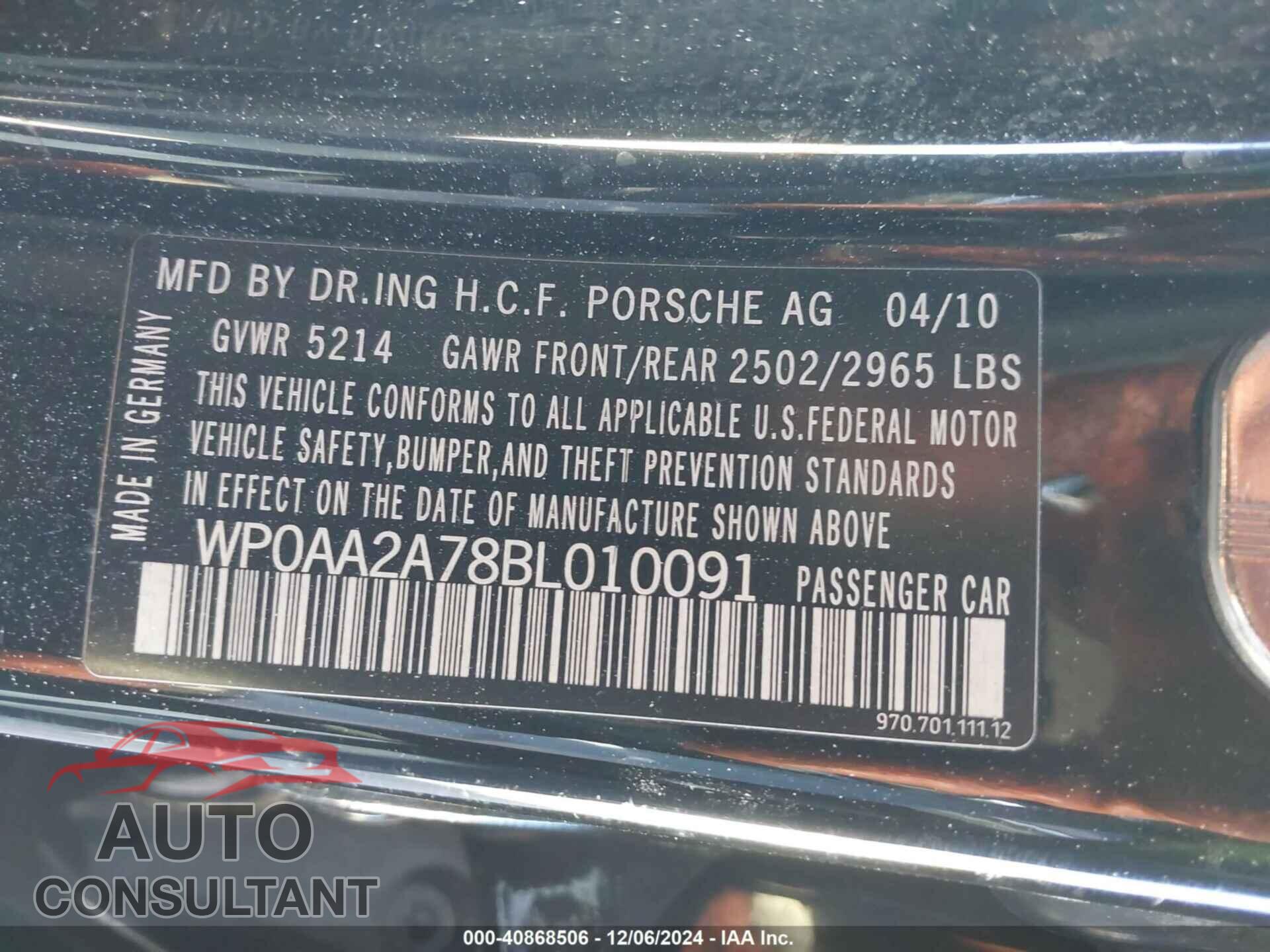 PORSCHE PANAMERA 2011 - WP0AA2A78BL010091