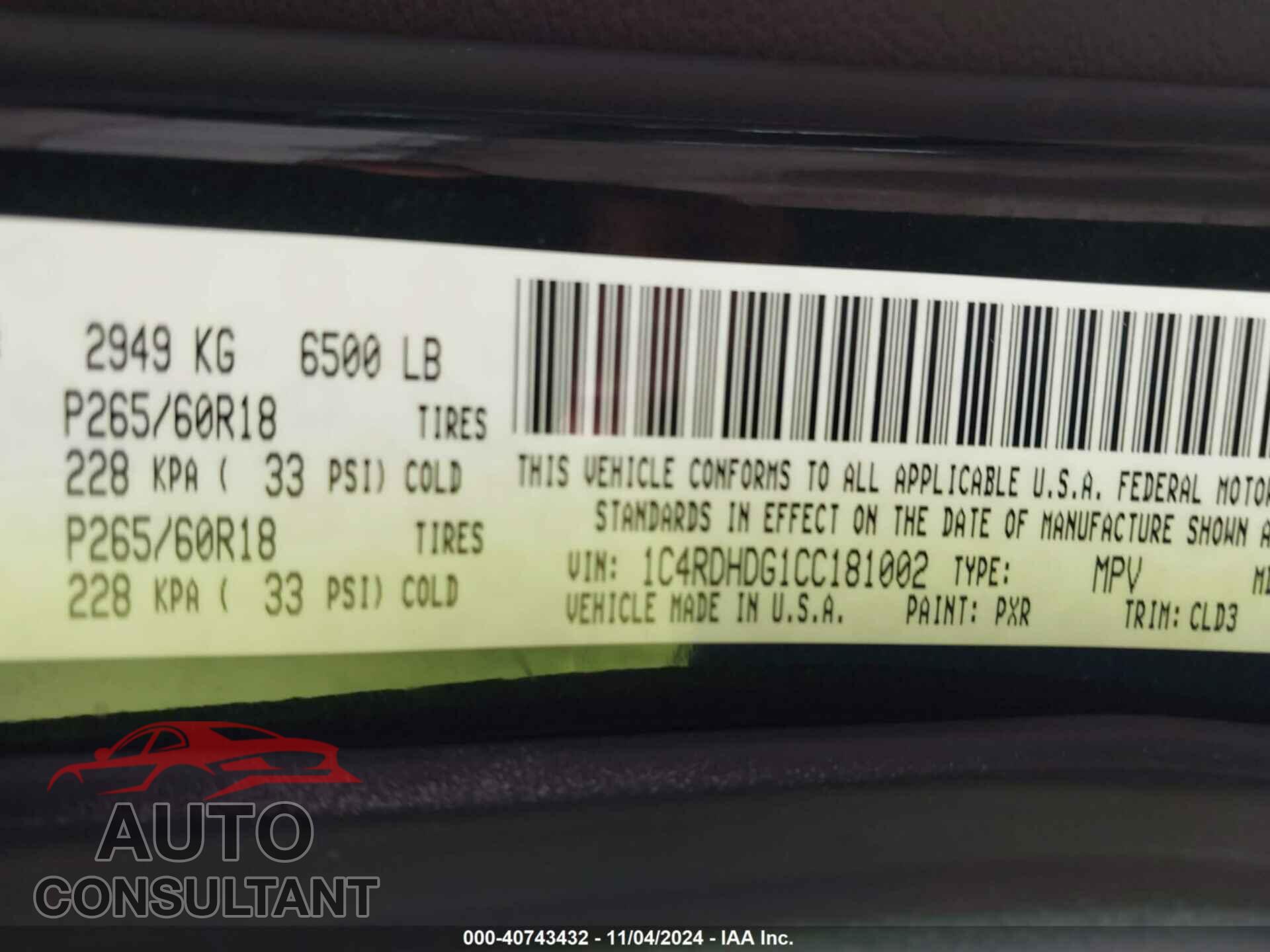 DODGE DURANGO 2012 - 1C4RDHDG1CC181002