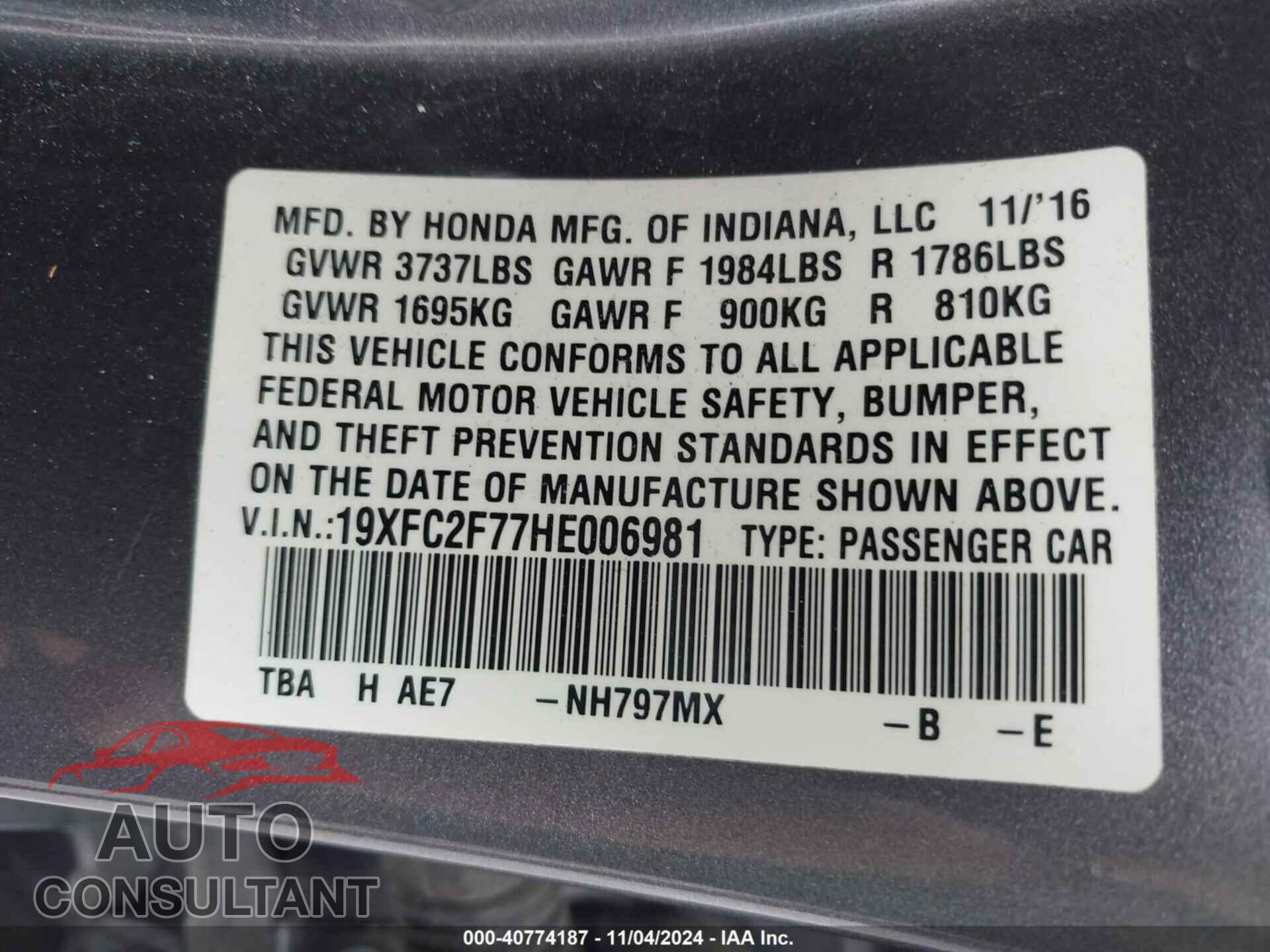 HONDA CIVIC 2017 - 19XFC2F77HE006981