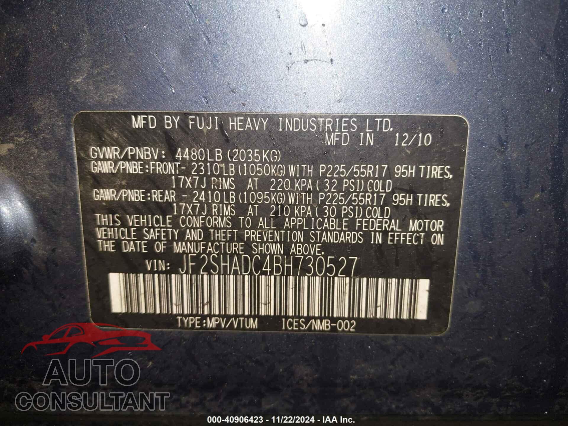 SUBARU FORESTER 2011 - JF2SHADC4BH730527