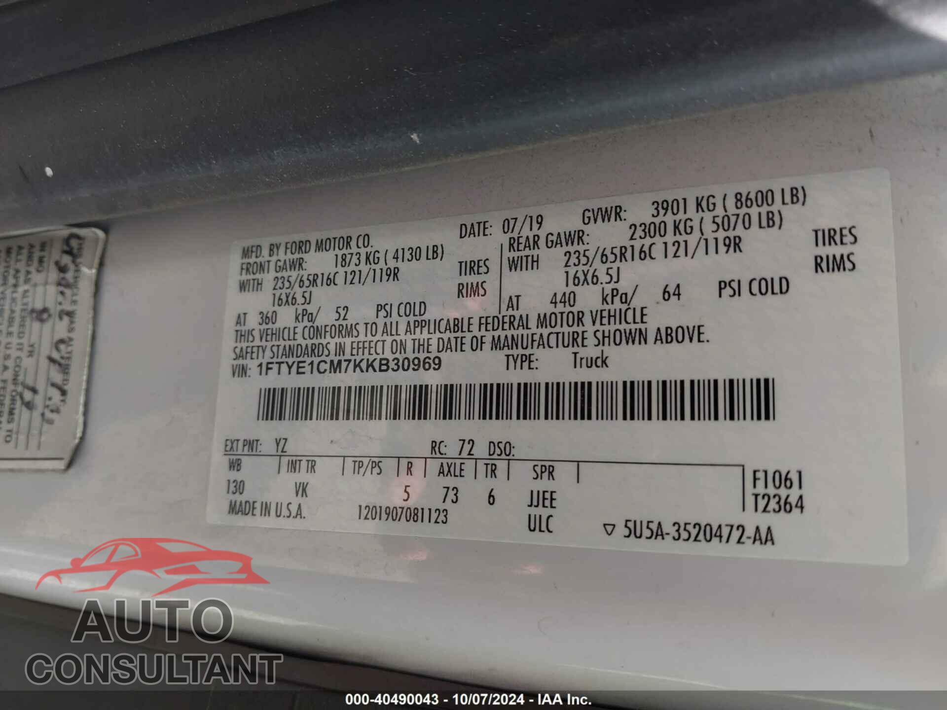 FORD TRANSIT 2019 - 1FTYE1CM7KKB30969