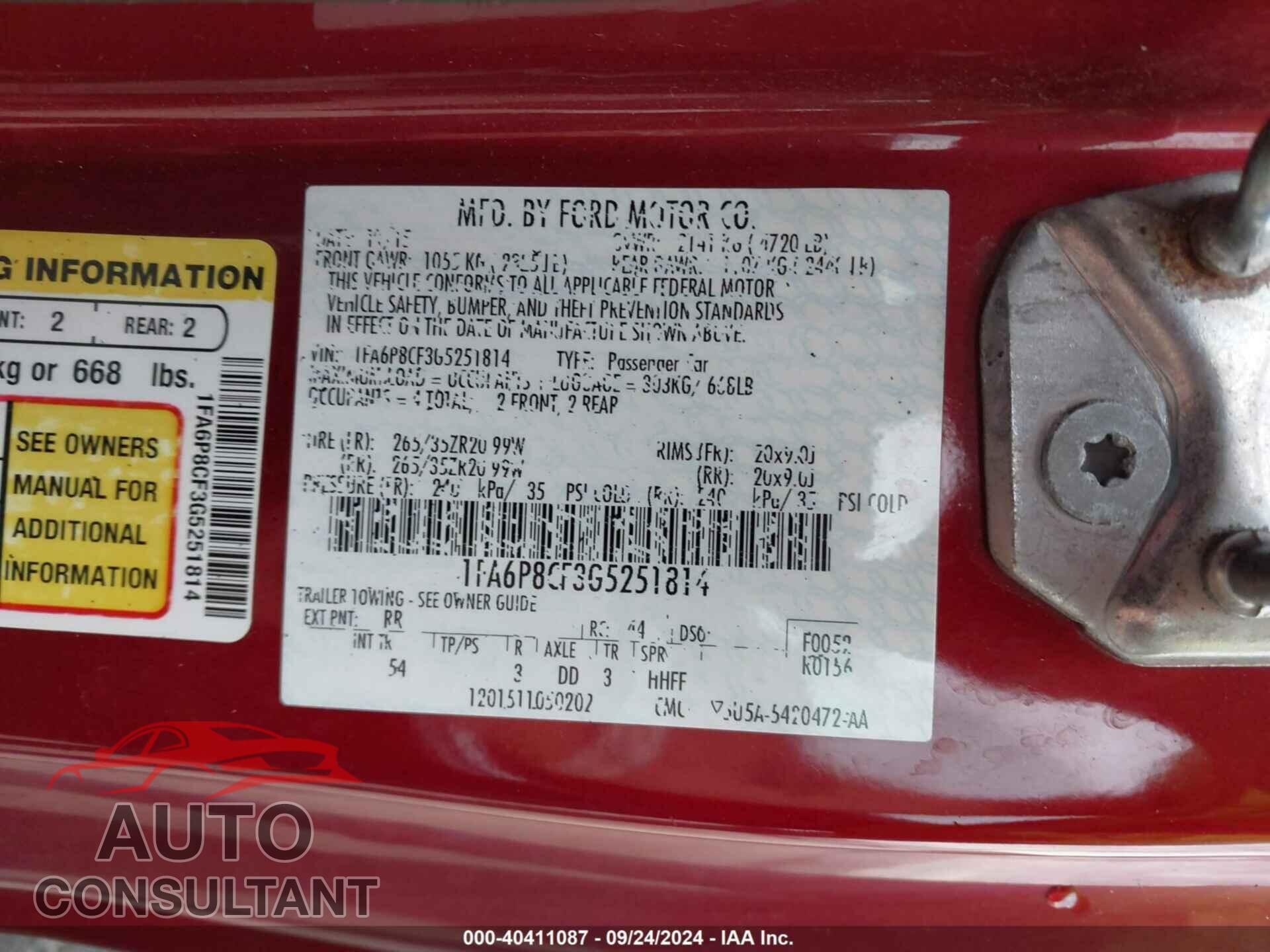 FORD MUSTANG 2016 - 1FA6P8CF3G5251814