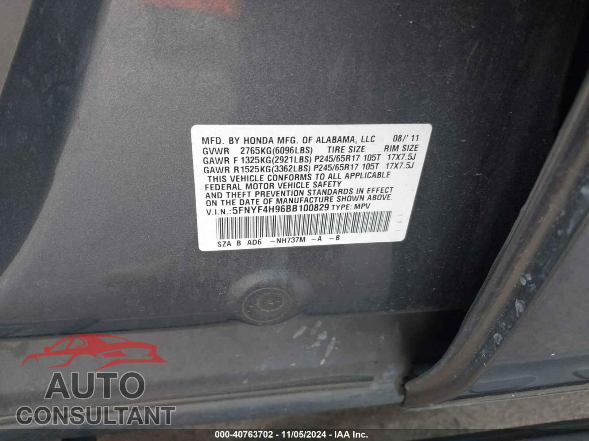 HONDA PILOT 2011 - 5FNYF4H96BB100829