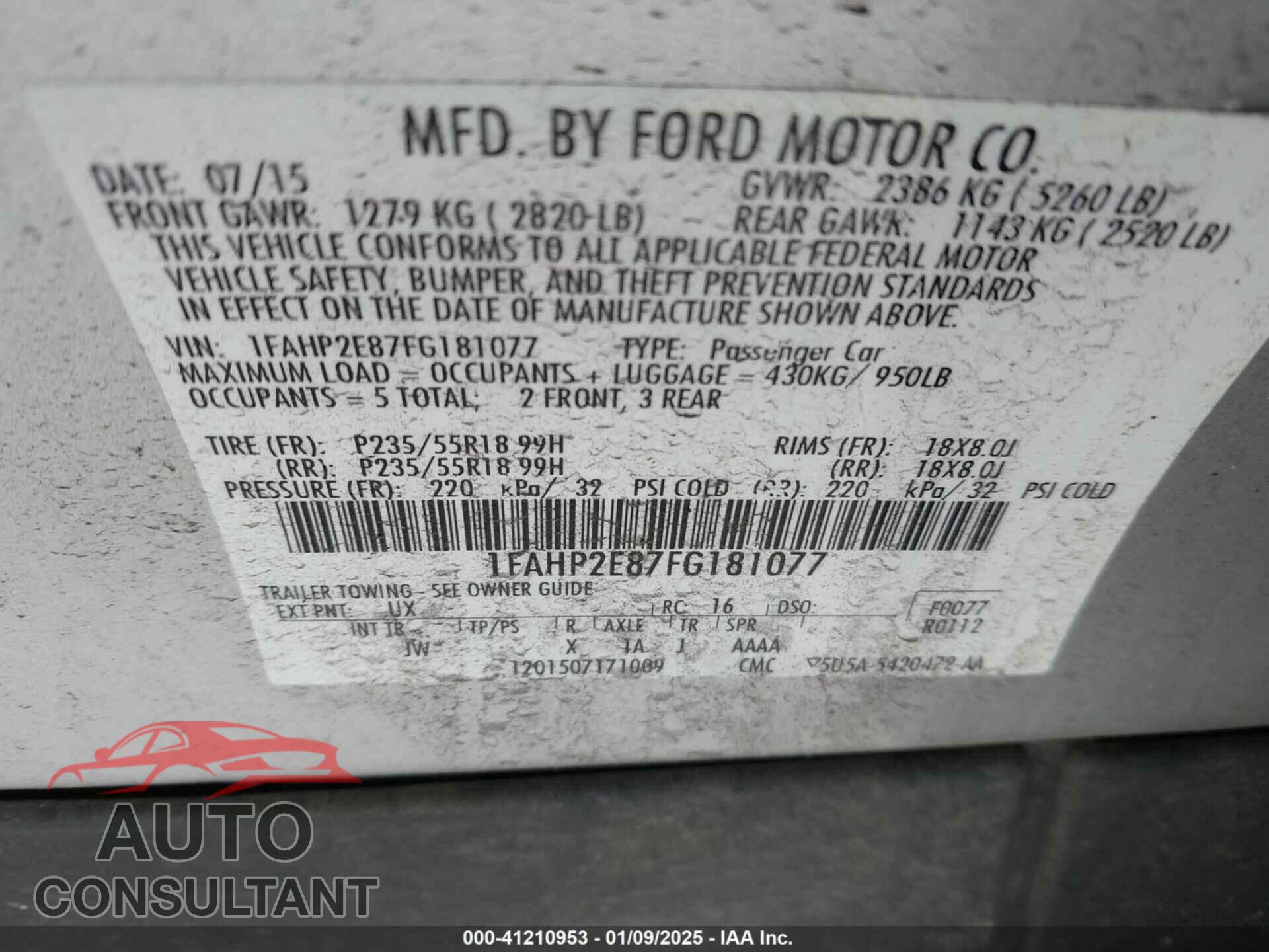 FORD TAURUS 2015 - 1FAHP2E87FG181077