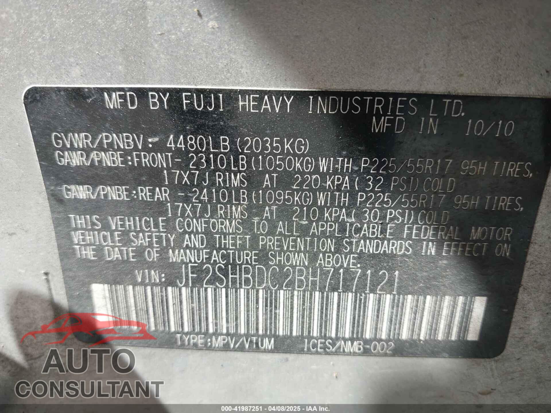 SUBARU FORESTER 2011 - JF2SHBDC2BH717121