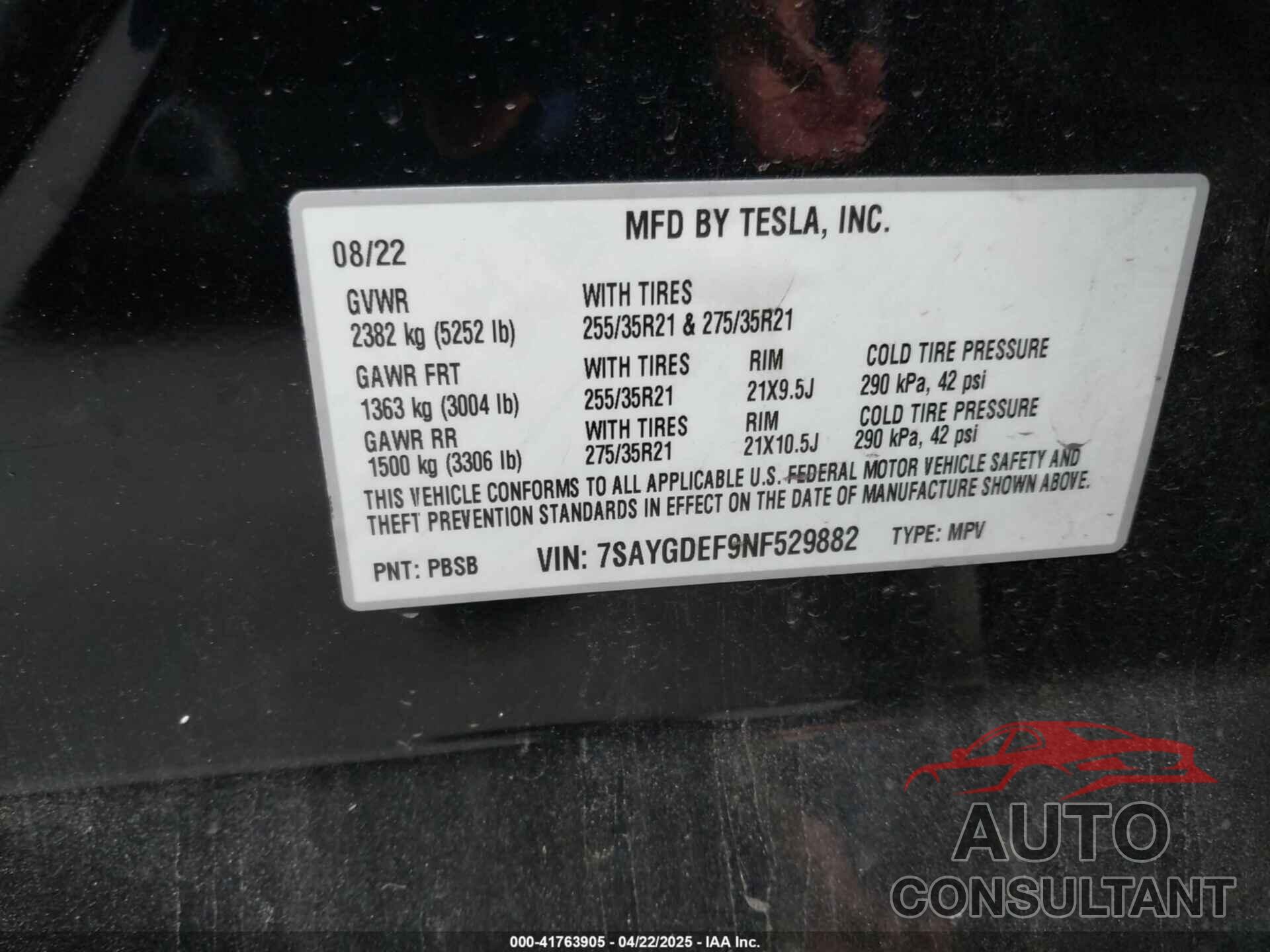TESLA MODEL Y 2022 - 7SAYGDEF9NF529882
