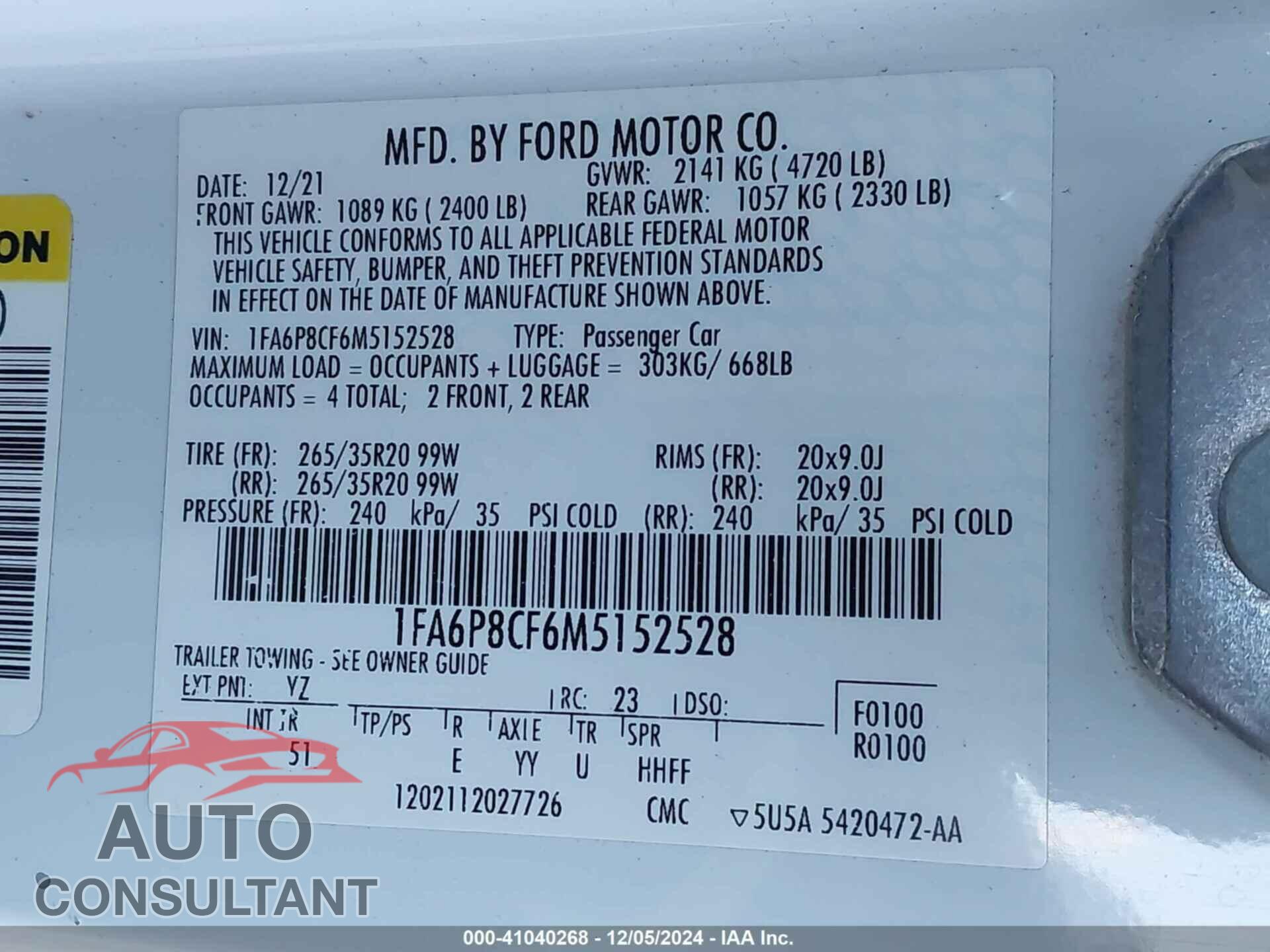 FORD MUSTANG 2021 - 1FA6P8CF6M5152528