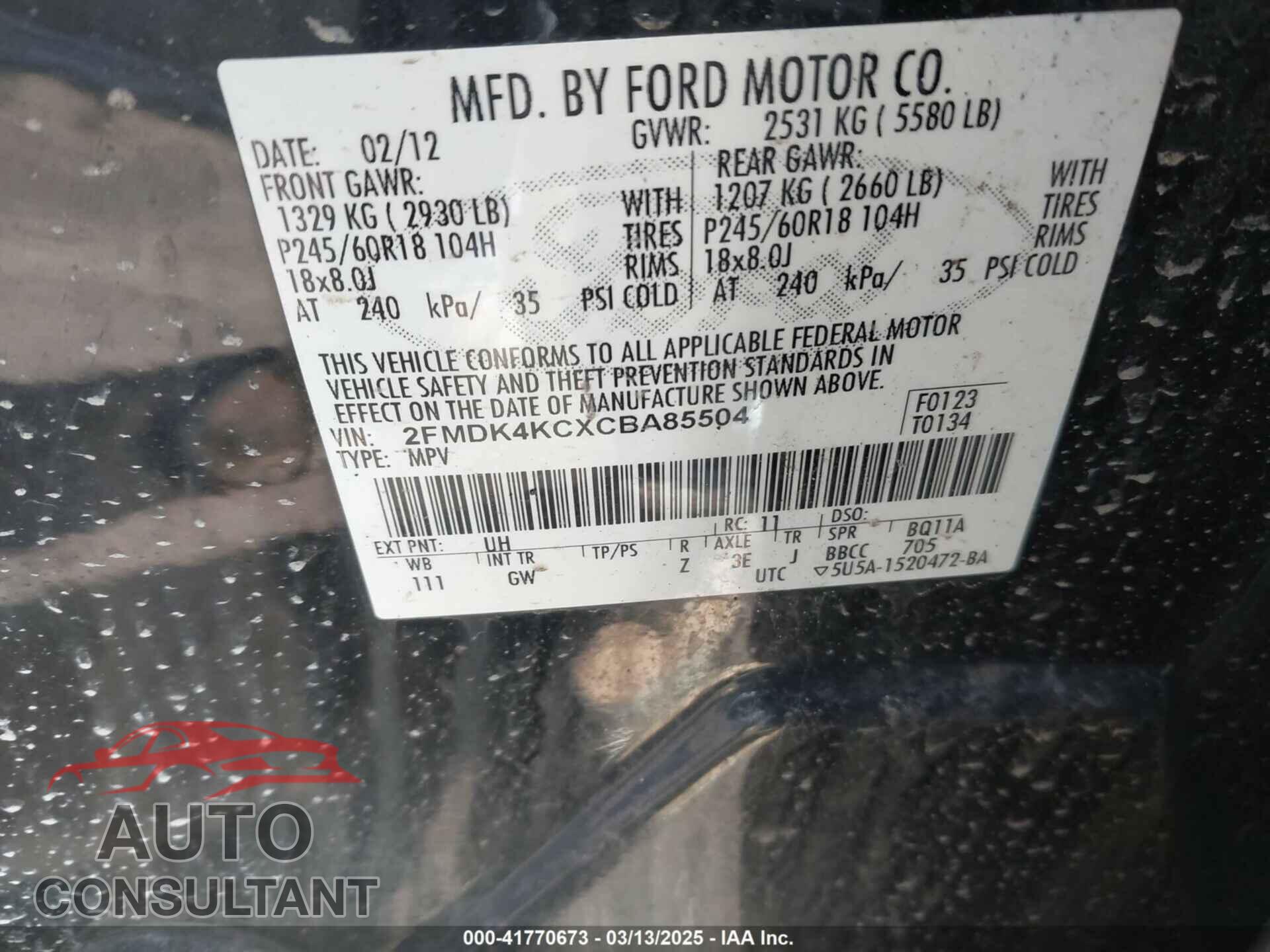 FORD EDGE 2012 - 2FMDK4KCXCBA85504
