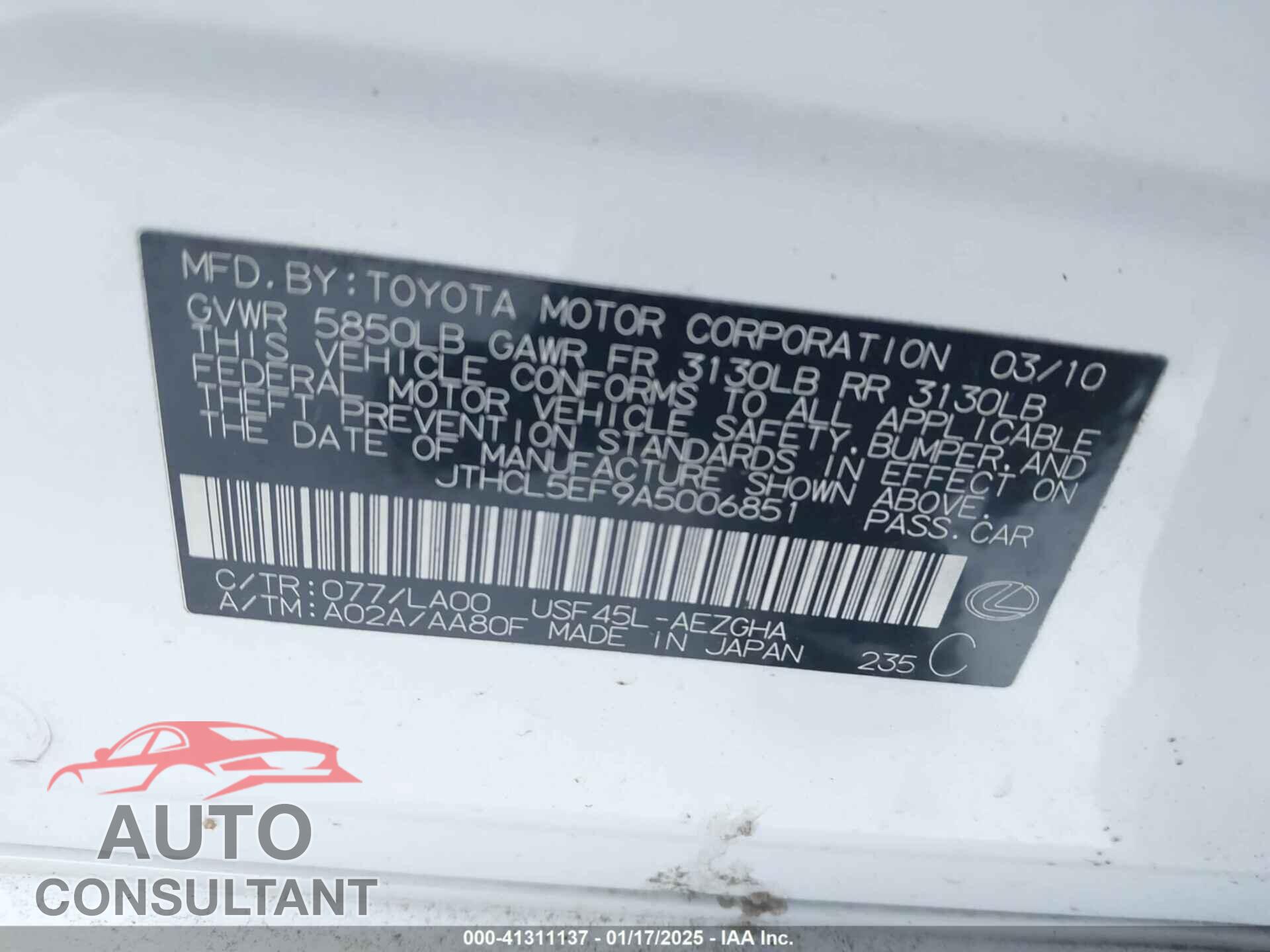 LEXUS LS 460 2010 - JTHCL5EF9A5006851