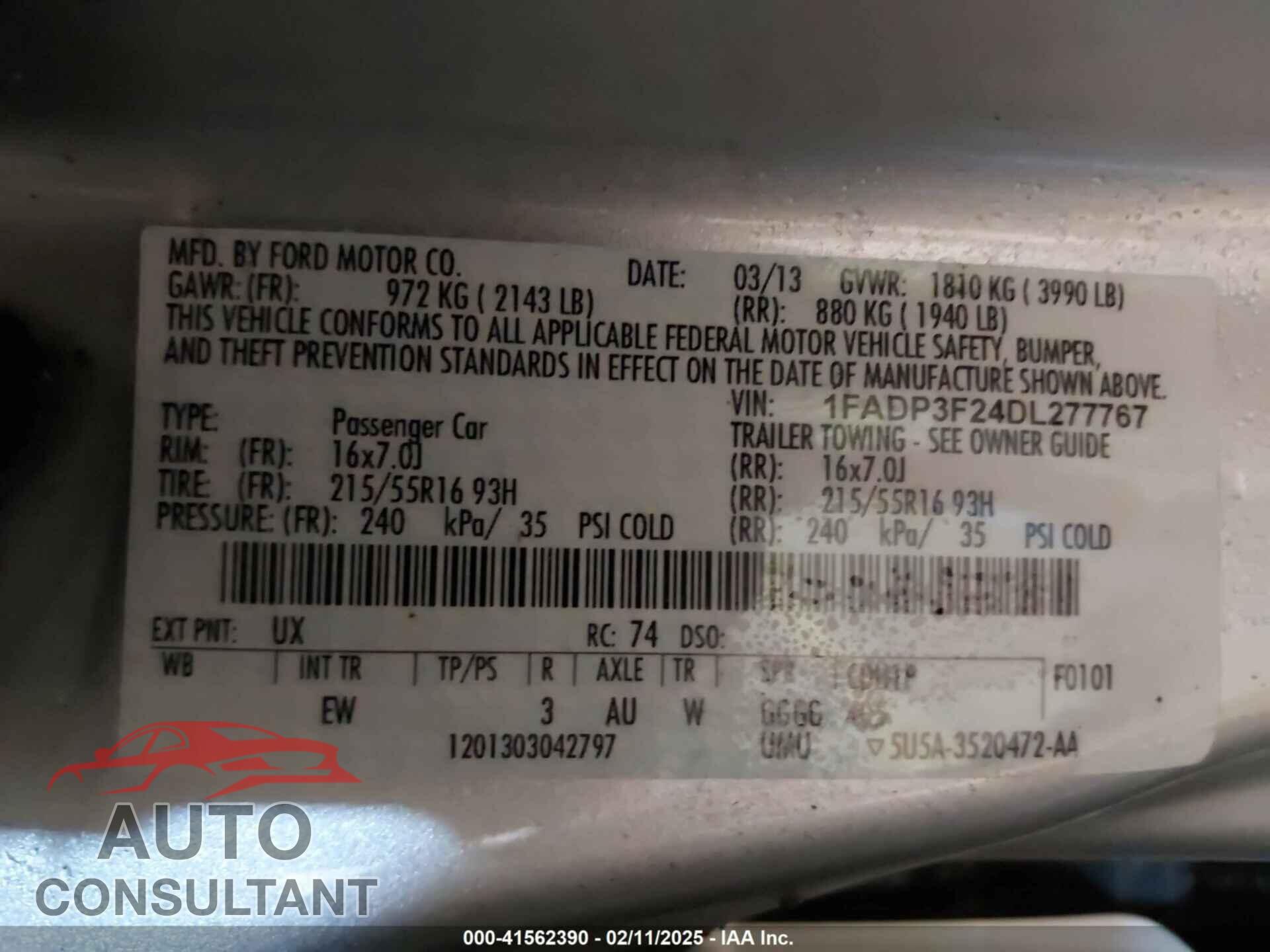 FORD FOCUS 2013 - 1FADP3F24DL277767