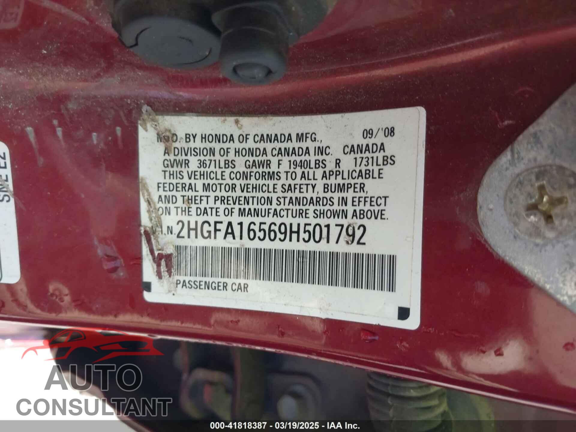 HONDA CIVIC 2009 - 2HGFA16569H501792