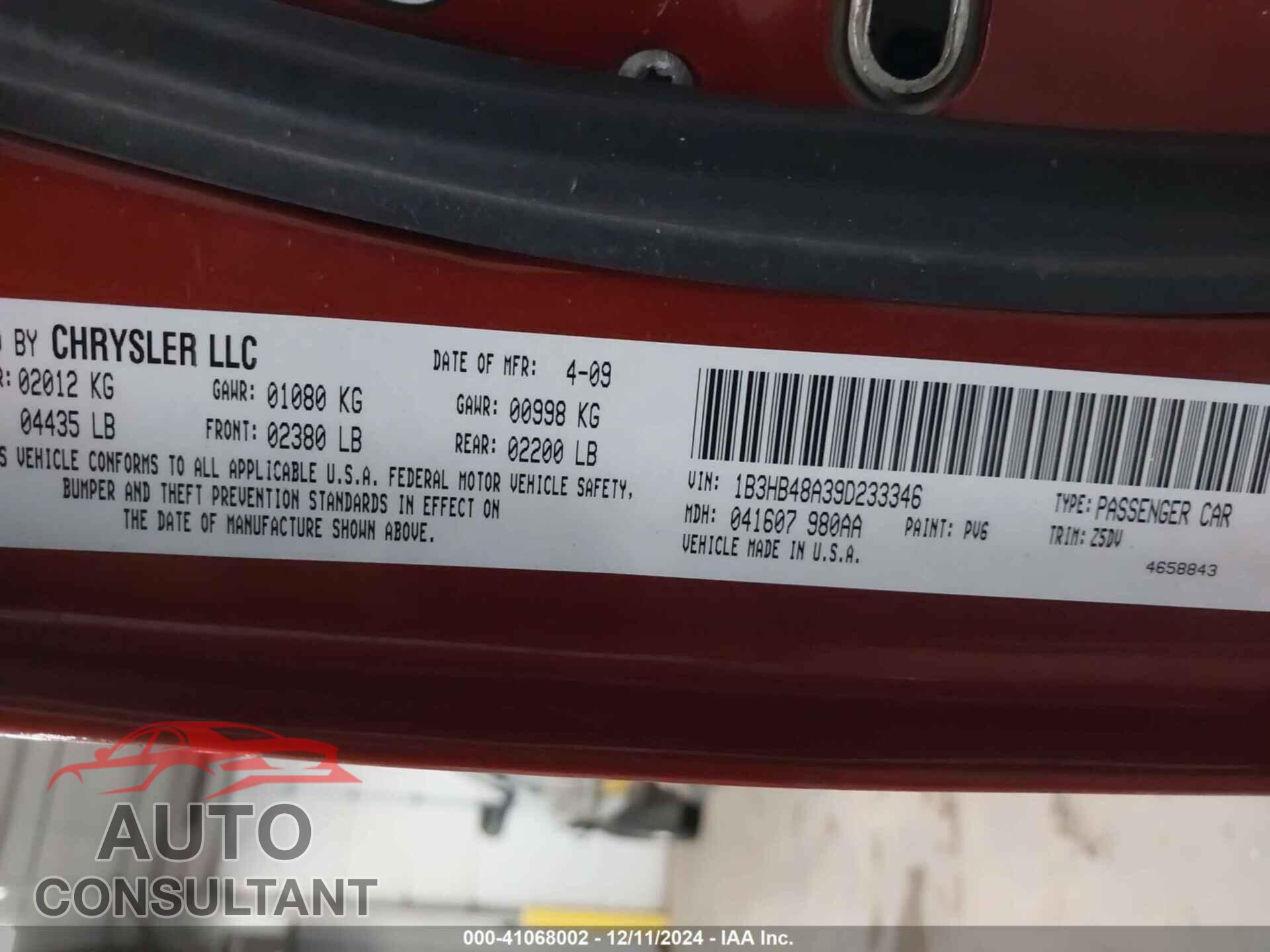 DODGE CALIBER 2009 - 1B3HB48A39D233346