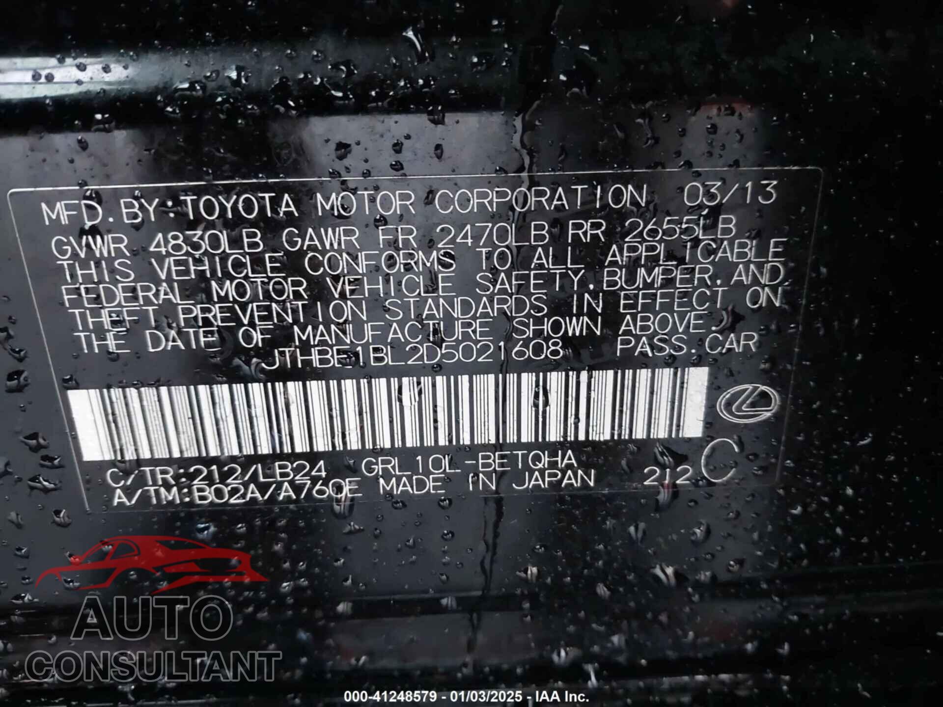 LEXUS GS 2013 - JTHBE1BL2D5021608