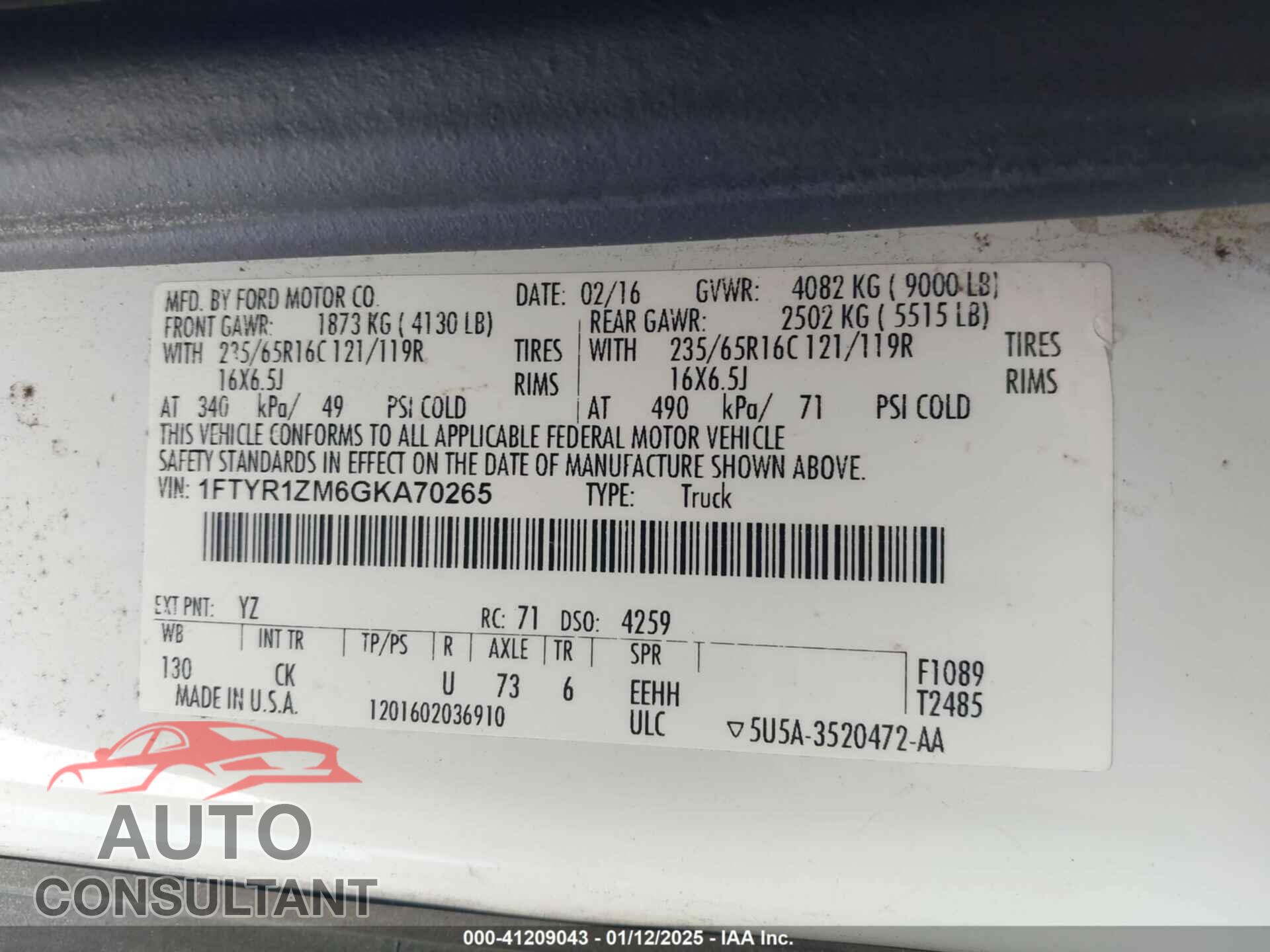 FORD TRANSIT 2016 - 1FTYR1ZM6GKA70265