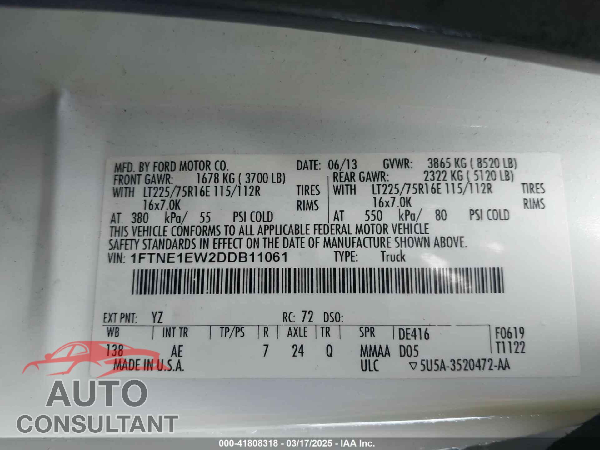 FORD E-150 2013 - 1FTNE1EW2DDB11061