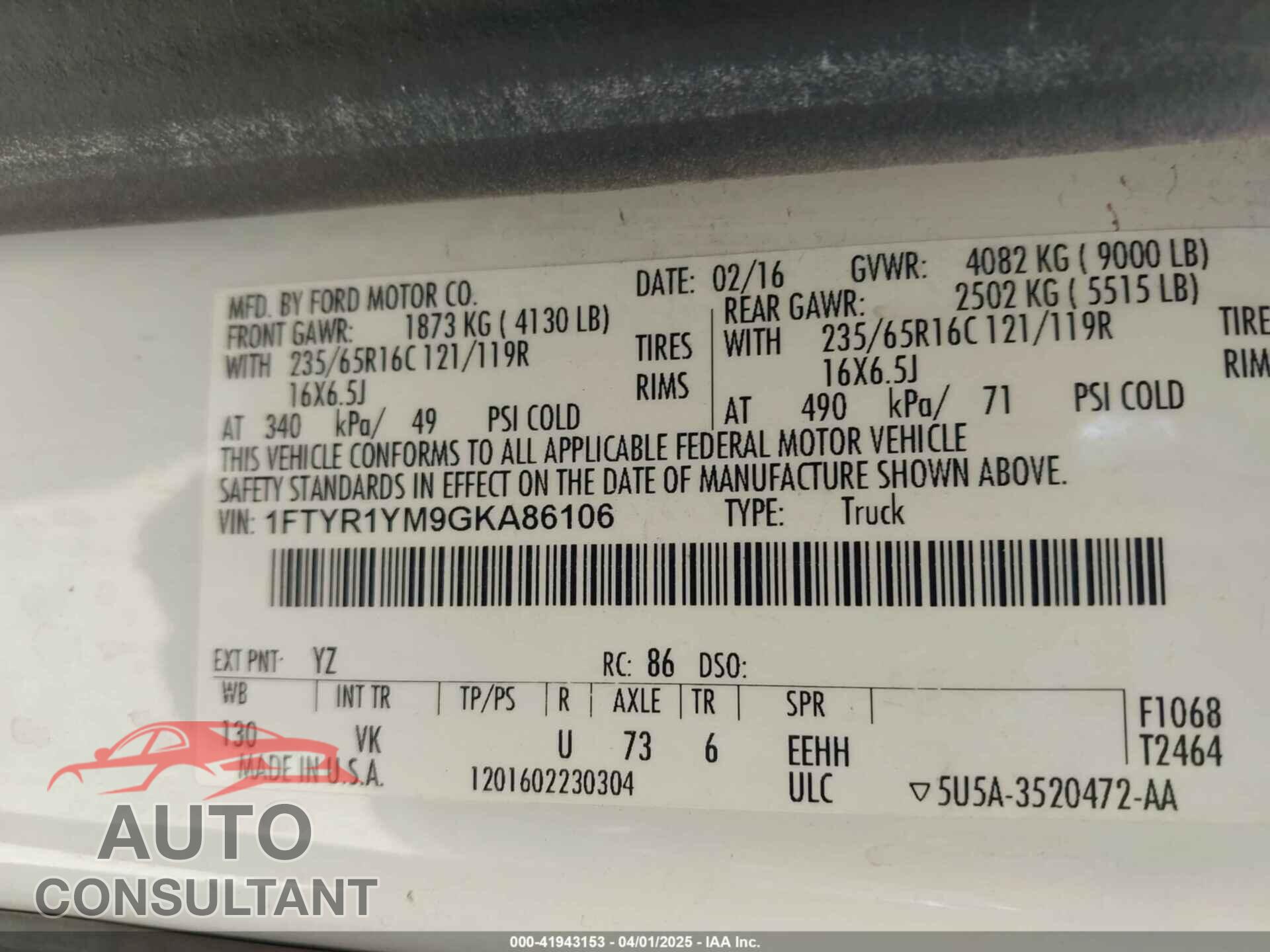 FORD TRANSIT-250 2016 - 1FTYR1YM9GKA86106
