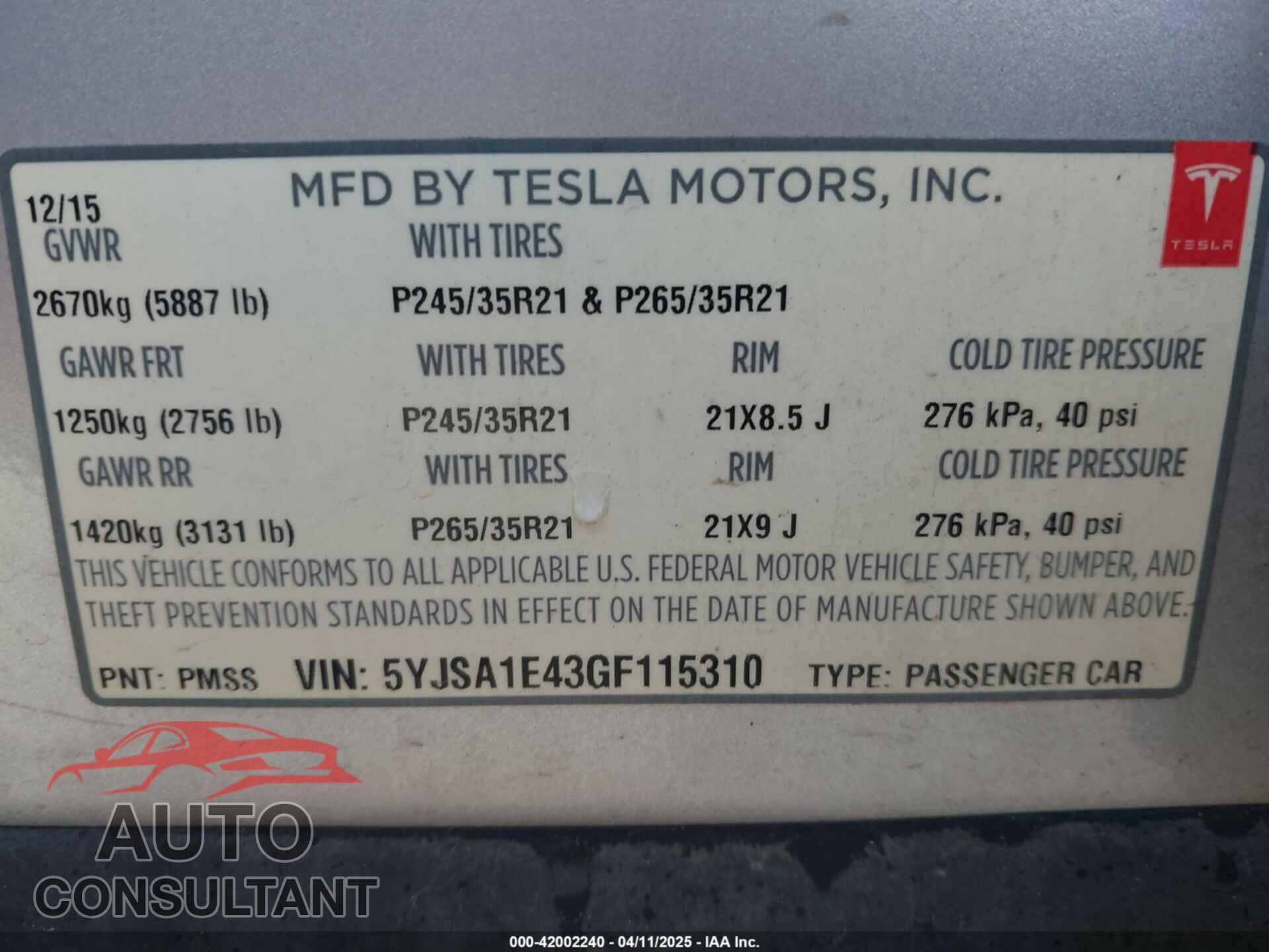 TESLA MODEL S 2016 - 5YJSA1E43GF115310
