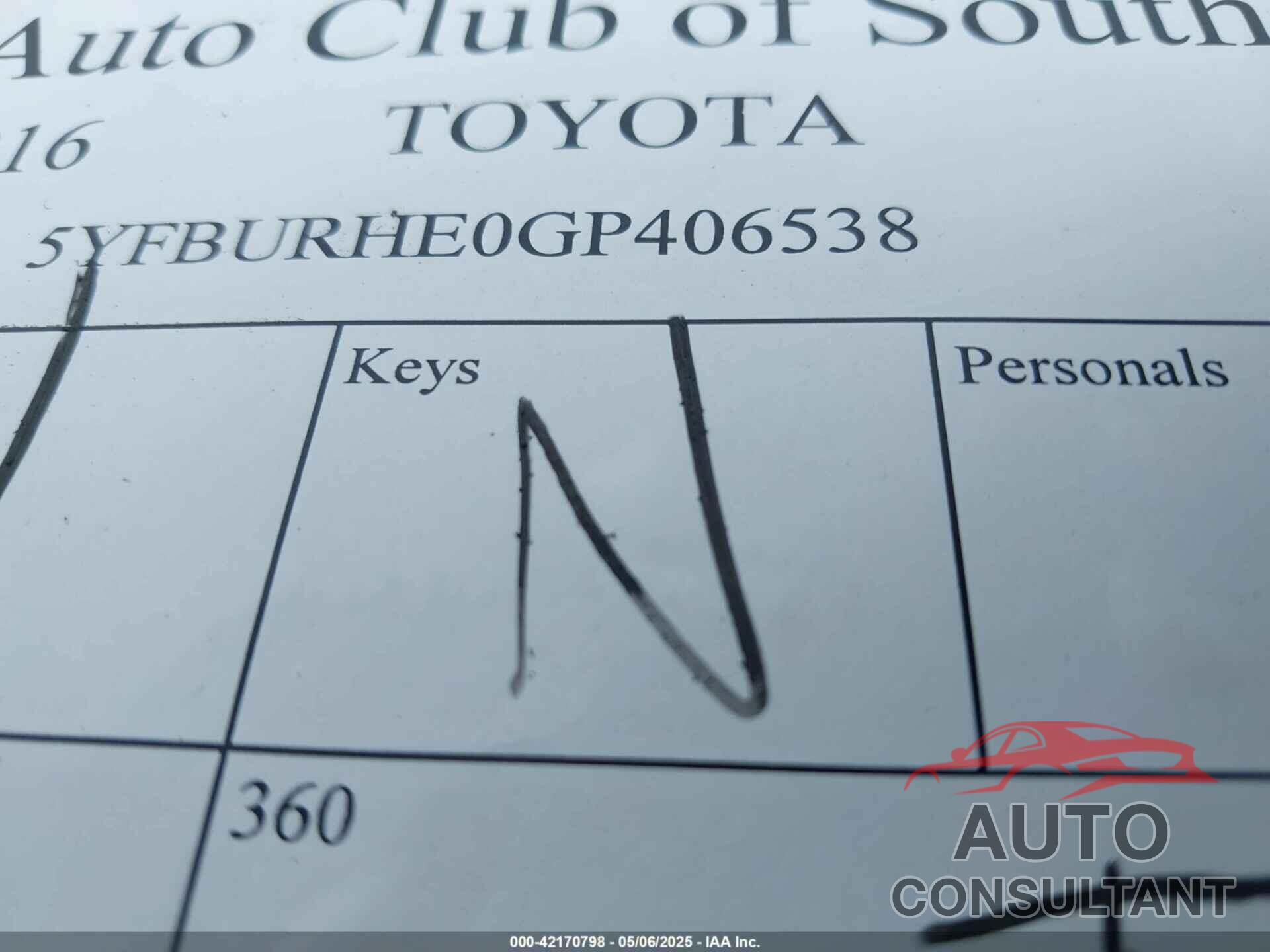 TOYOTA COROLLA 2016 - 5YFBURHE0GP406538