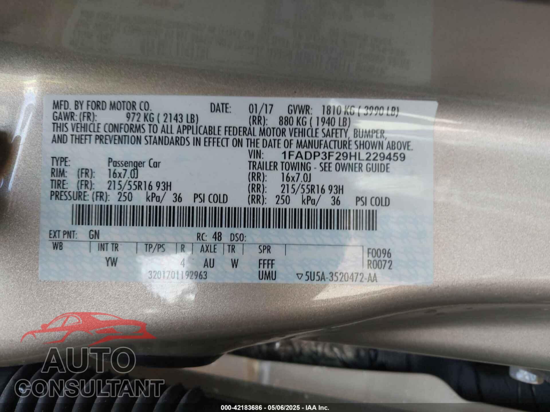 FORD FOCUS 2017 - 1FADP3F29HL229459