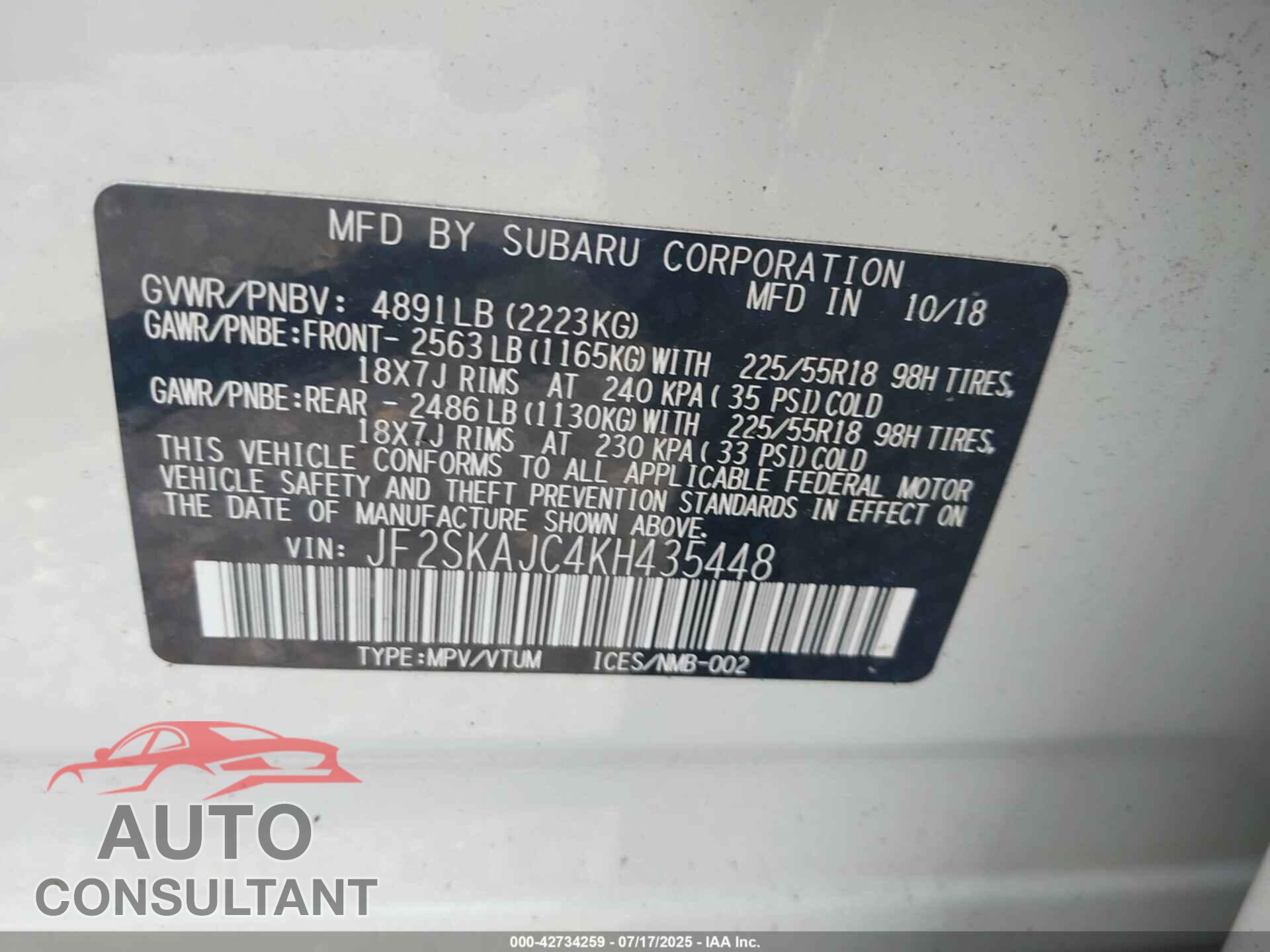 SUBARU FORESTER 2019 - JF2SKAJC4KH435448