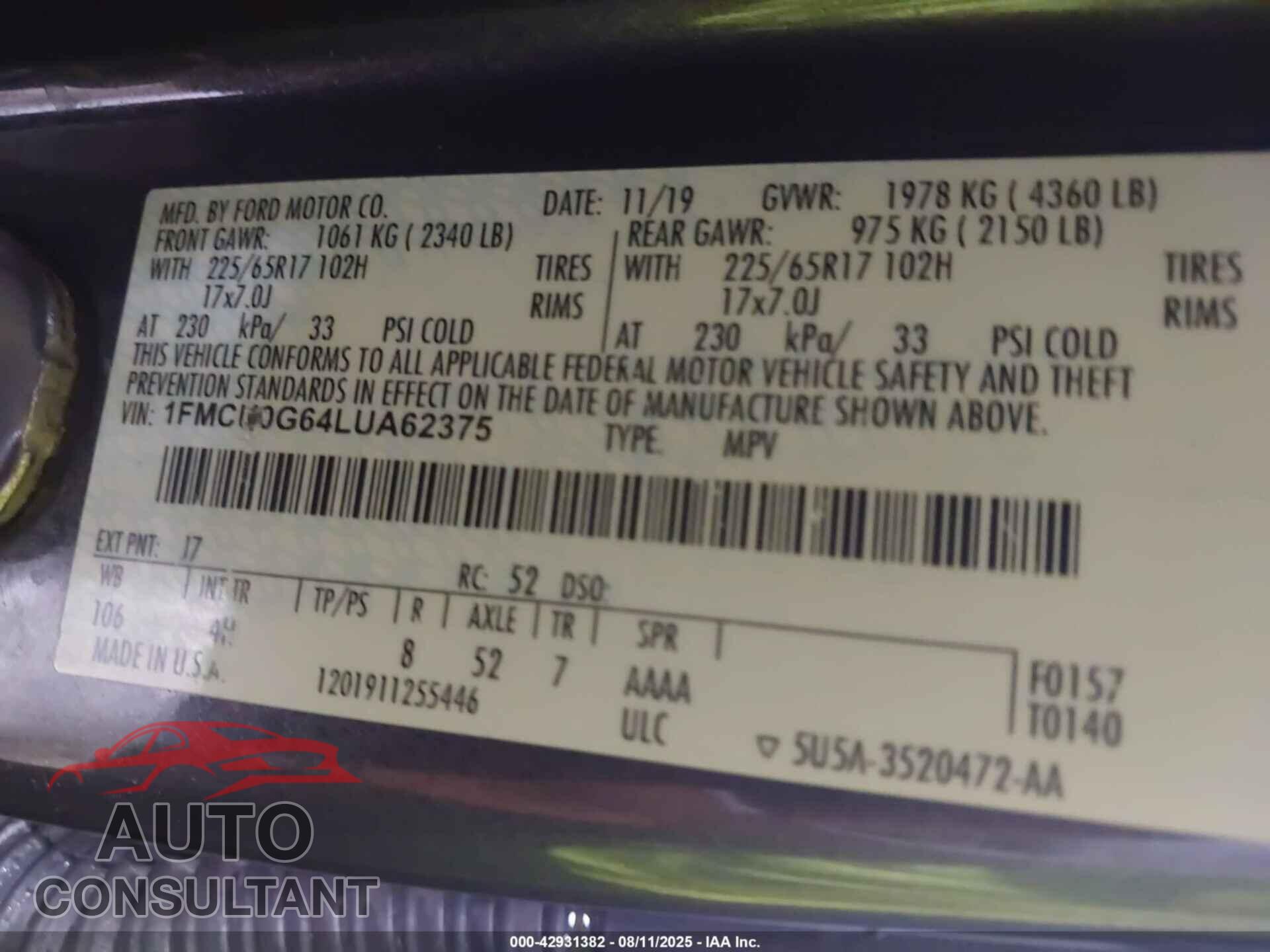 FORD ESCAPE 2020 - 1FMCU0G64LUA62375