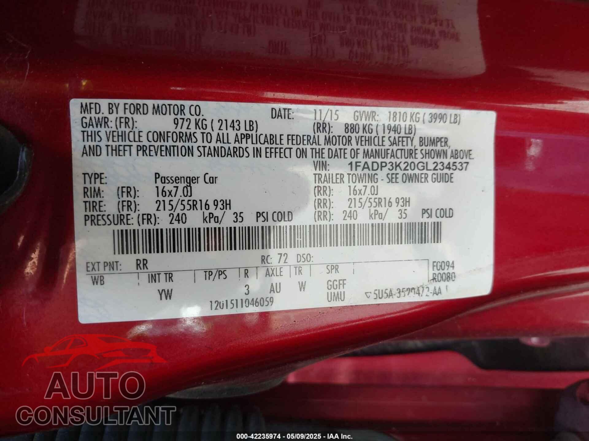 FORD FOCUS 2016 - 1FADP3K20GL234537
