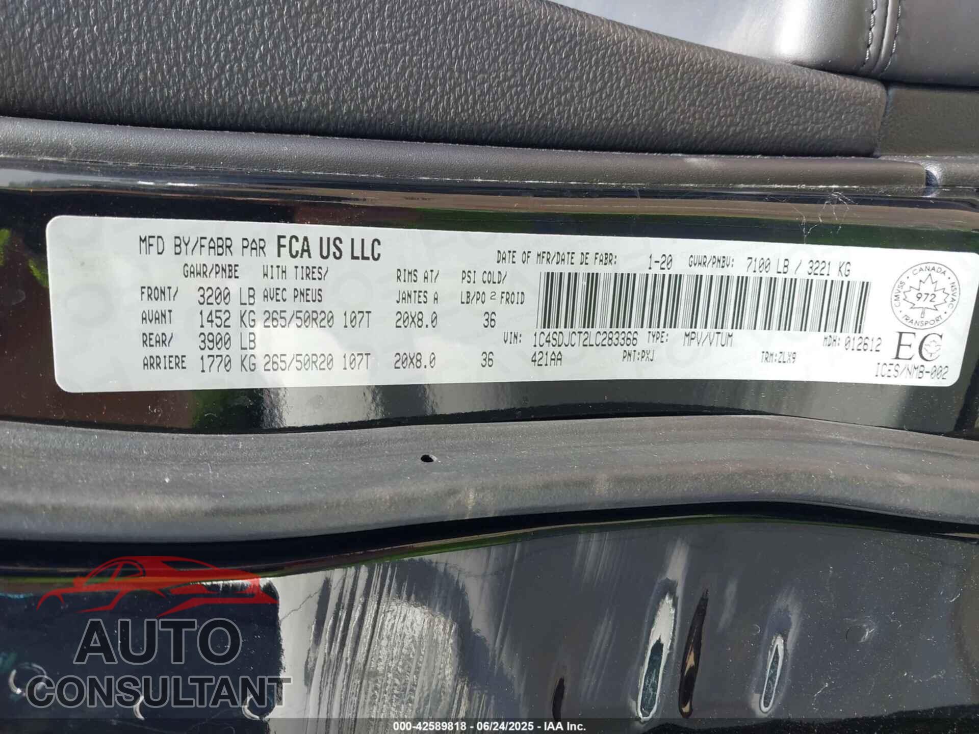 DODGE DURANGO 2020 - 1C4SDJCT2LC283366