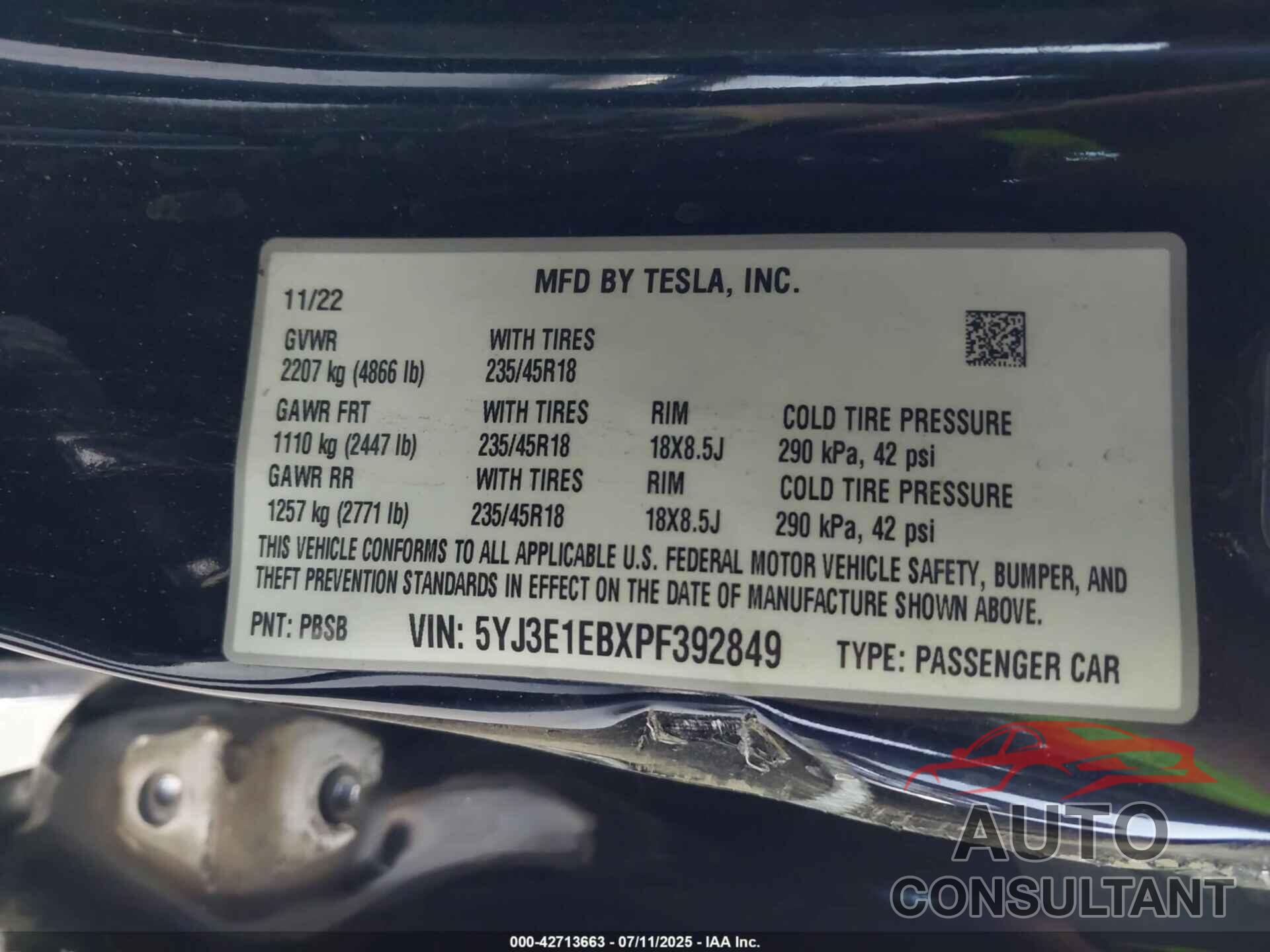 TESLA MODEL 3 2023 - 5YJ3E1EBXPF392849