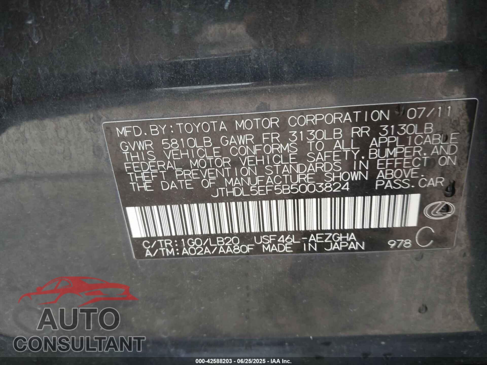 LEXUS LS 460 2011 - JTHDL5EF5B5003824