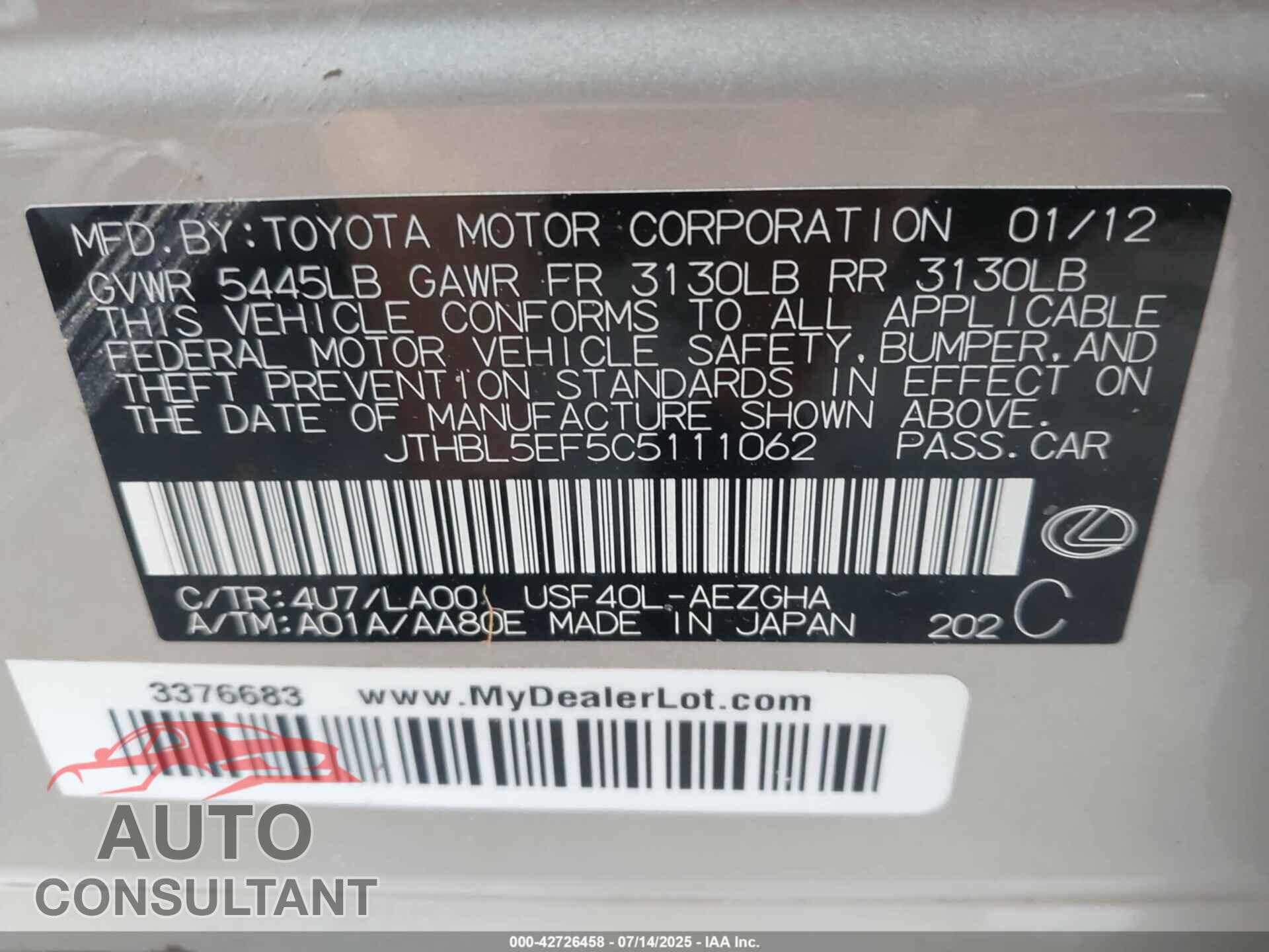 LEXUS LS 460 2012 - JTHBL5EF5C5111062