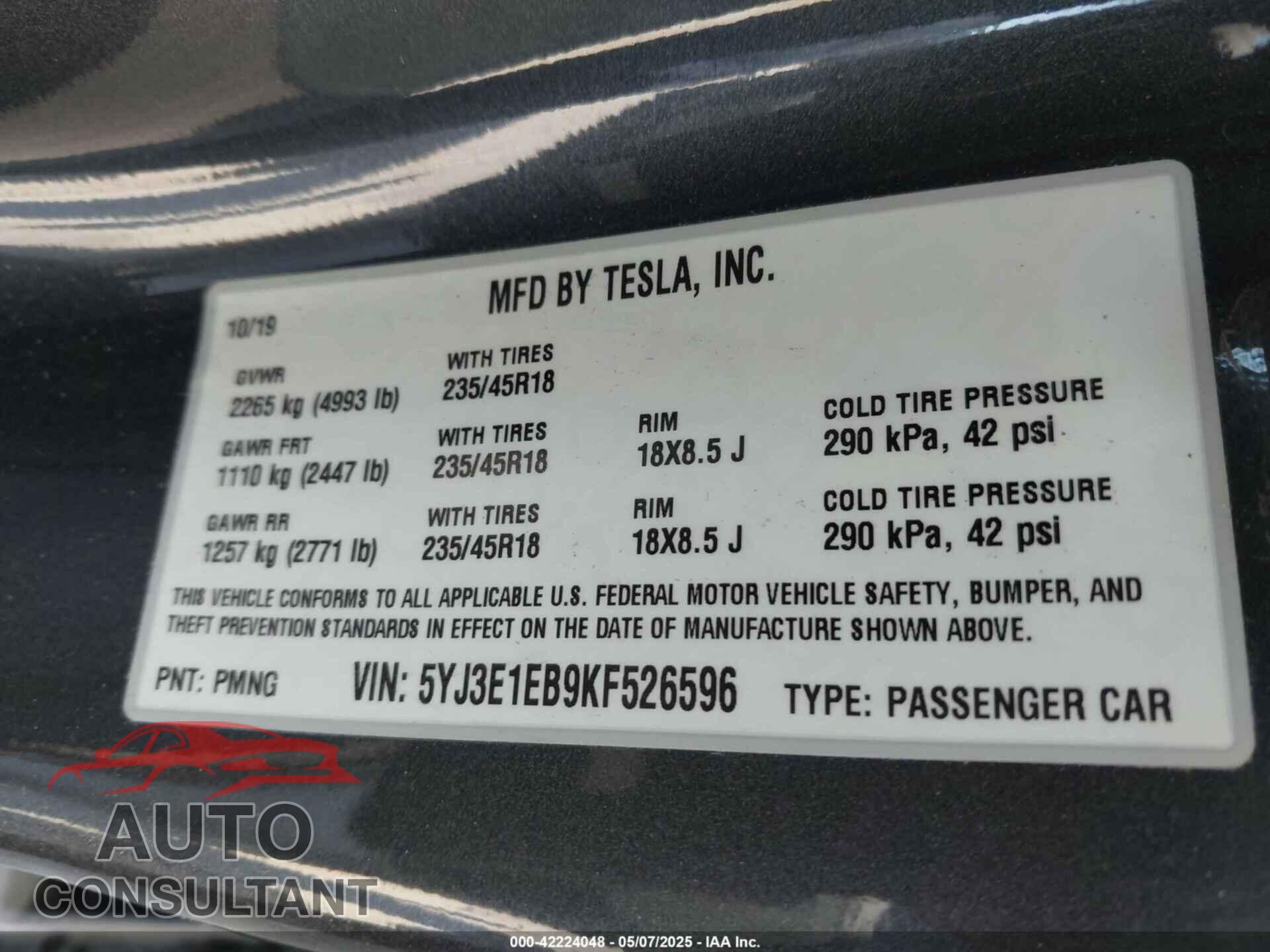 TESLA MODEL 3 2019 - 5YJ3E1EB9KF526596