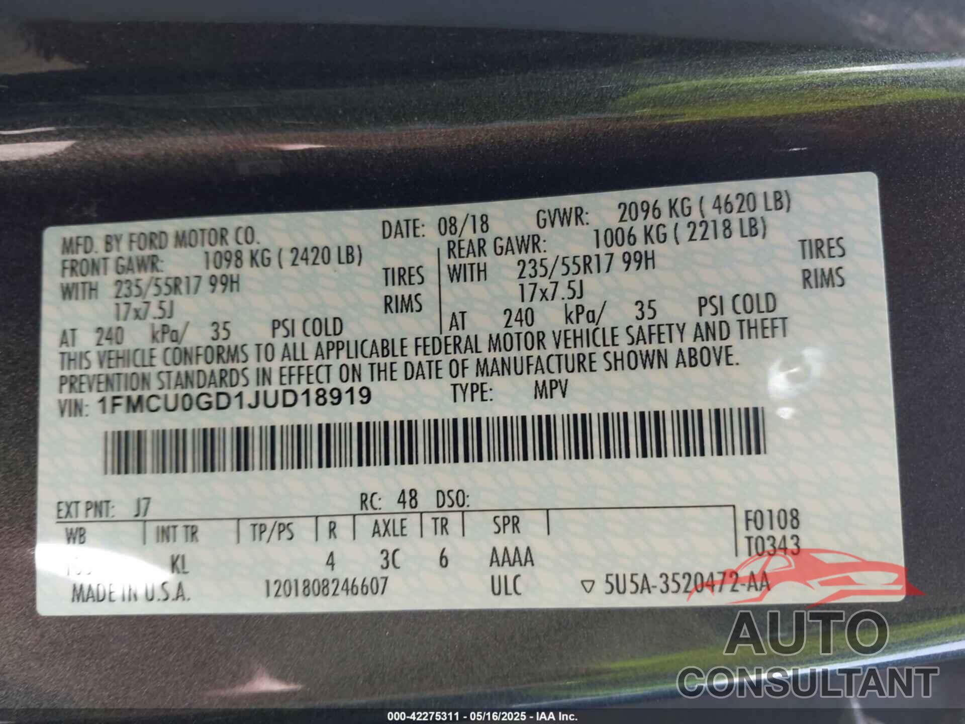 FORD ESCAPE 2018 - 1FMCU0GD1JUD18919