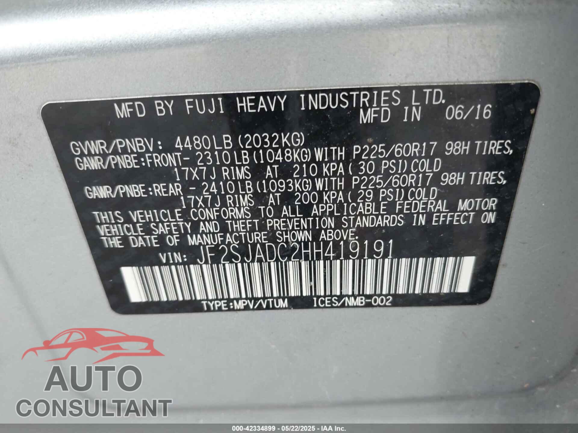SUBARU FORESTER 2017 - JF2SJADC2HH419191