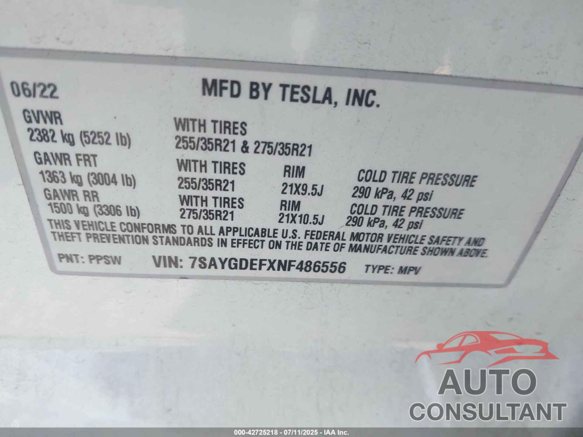 TESLA MODEL Y 2022 - 7SAYGDEFXNF486556
