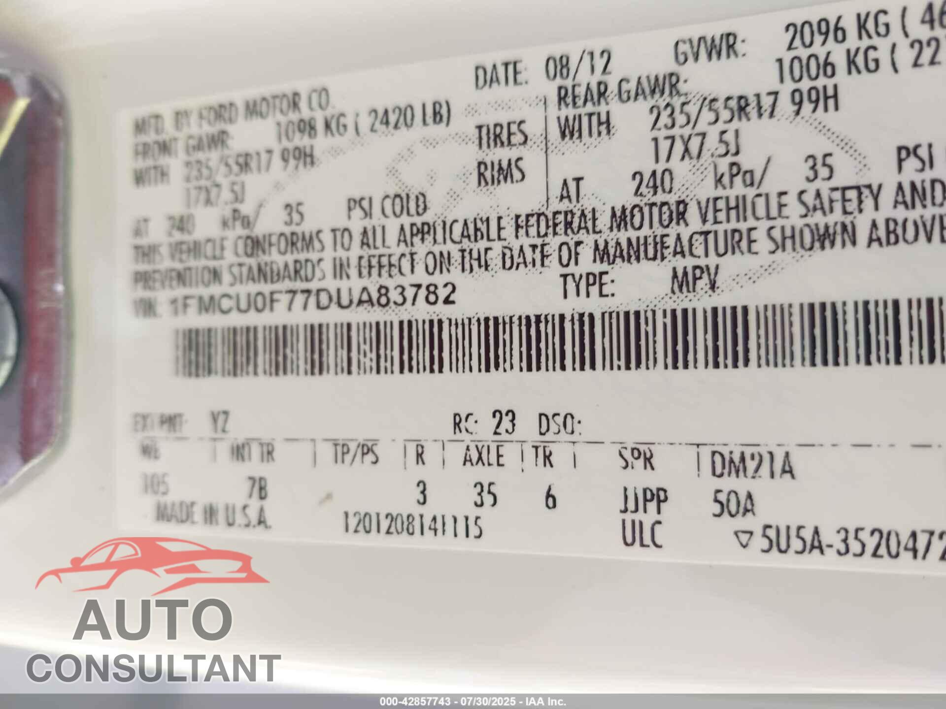FORD ESCAPE 2013 - 1FMCU0F77DUA83782